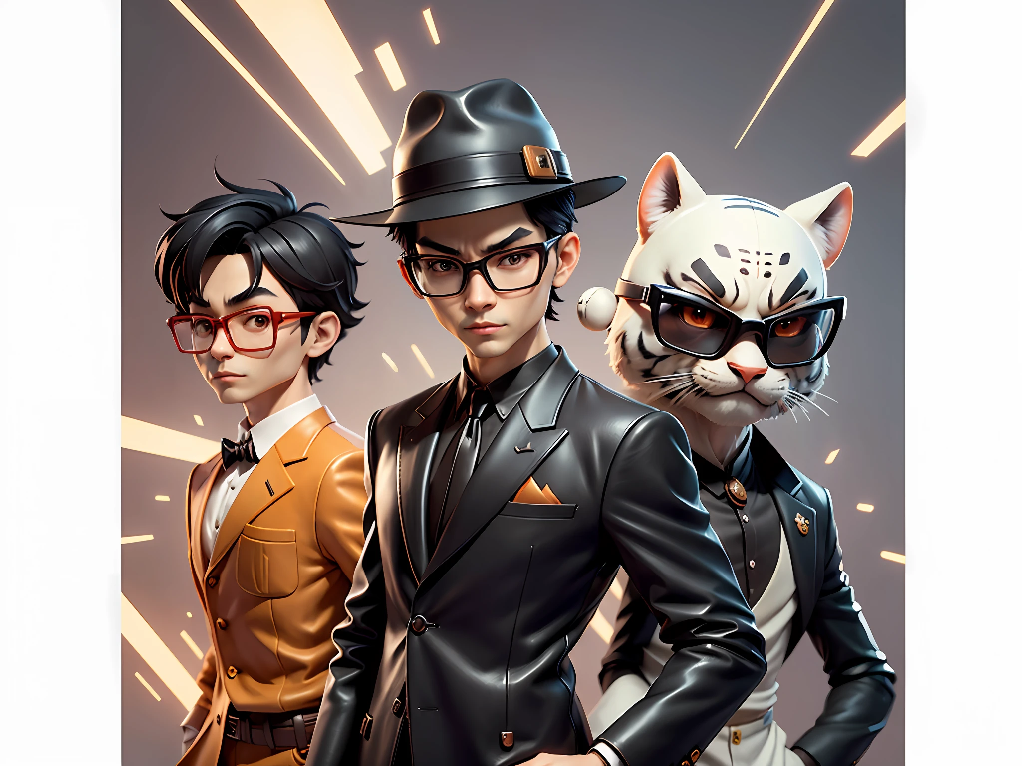 Young man with oriental face in leather hat, tiger, oriental face in formal suit, short black hair, silver glasses, digital painting, 3D character design by Mark Clairedon and Pixar and Hayao Miyazaki and Akira Toriyama, the illustration is a high-definition illustration in 4K resolution with very detailed facial features and cartoon-style visuals.