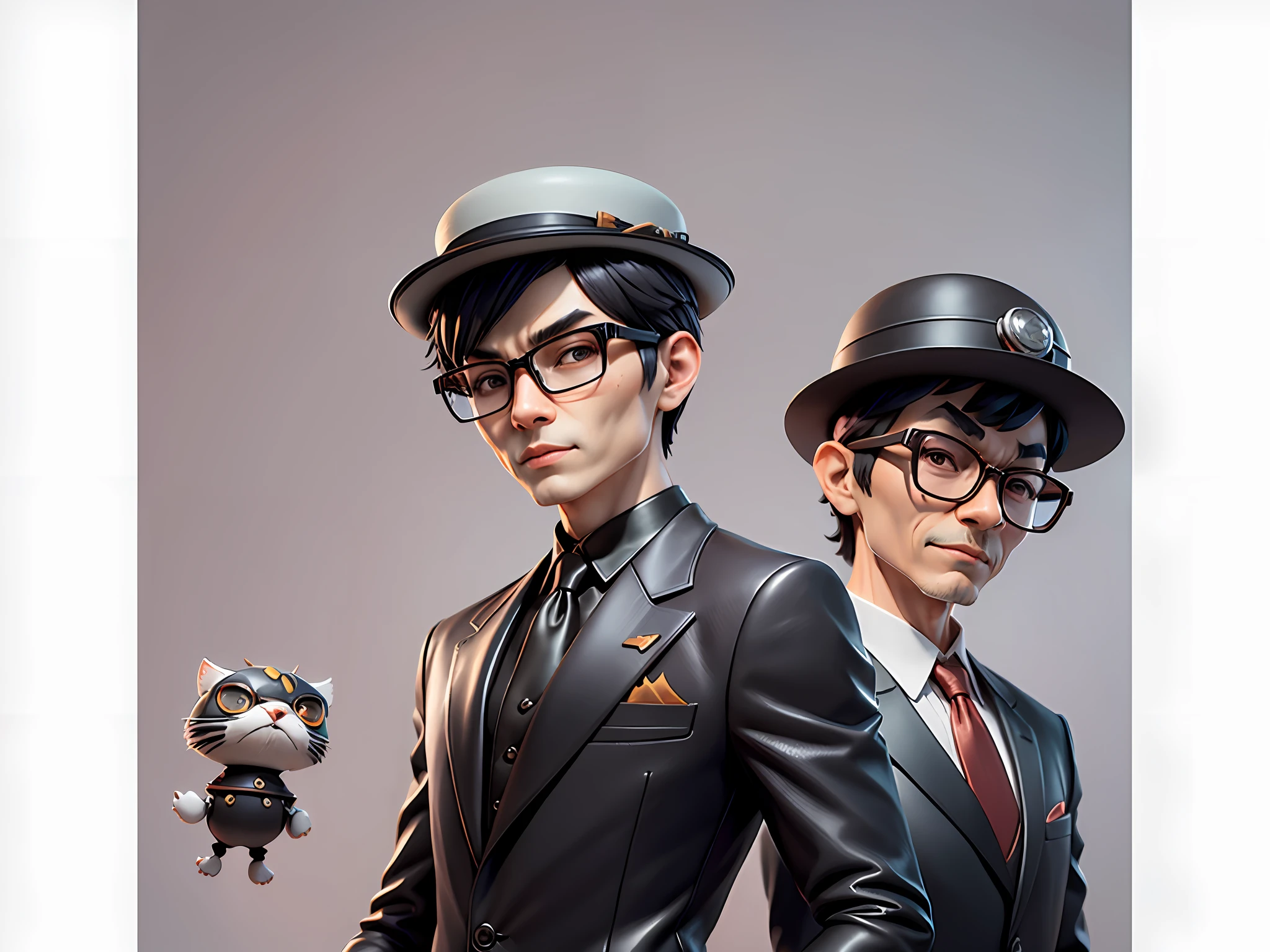 Young man with oriental face in leather hat, tiger, oriental face in formal suit, short black hair, silver glasses, digital painting, 3D character design by Mark Clairedon and Pixar and Hayao Miyazaki and Akira Toriyama, the illustration is a high-definition illustration in 4K resolution with very detailed facial features and cartoon-style visuals.