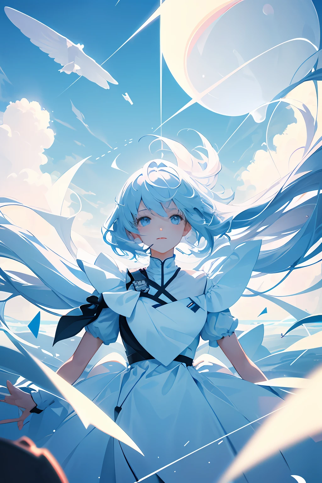 masterpiece, best quality, movie still, 1girl, floating in the sky, cloud girl, cloud, (close-up:1.1), bright, happy, fun, soft lighting, (Bauhaus, shapes, lines, abstract:1.1)