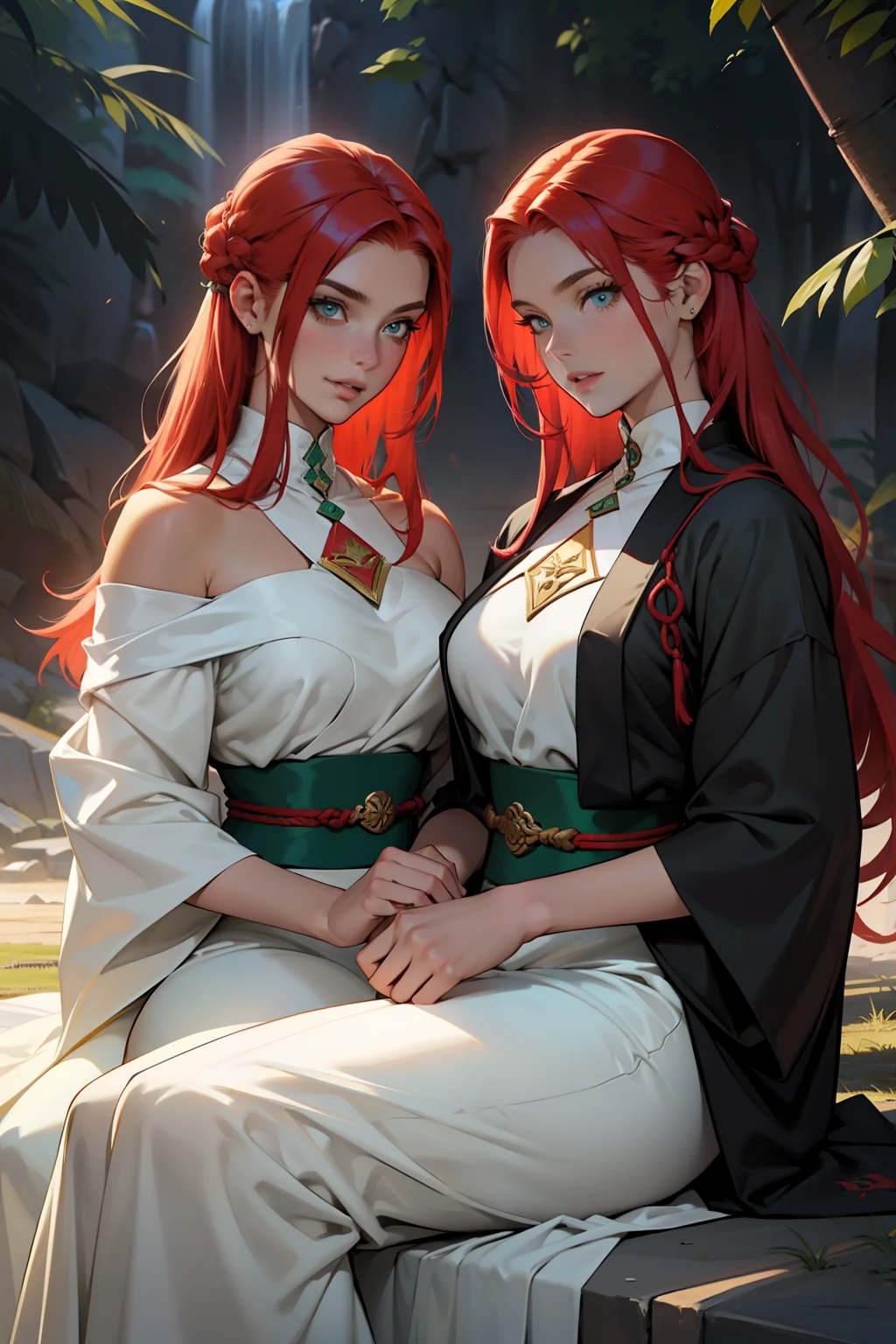 ((melhor qualidade)), ((obra-prima)), (altamente detalhado:1.3), duas mulheres, 2 women identical red-haired twin sisters with sereja colored hair, Cabelos Longos, seios fartos olhos bonitos, uma com olhar sedutor em um quimono preto, a outra com um quimono branco e um olhar gentil, Running with wolves on a plateau in feudal Japan Two seductive women, cabelos vermelhos cor de cereja, longos cabelos vermelhos, twin sisters, cabelos vermelhos, Elengantes, Two young women, com longos cabelos vermelhos cereja e olhos verde-esmeralda, rosto bonito, rosto detalhado, Grande seiso, seios fartos, rosto perfeito,, detailed hands, Pacotes Perfeitos Quimonos de Luxo, sisters, mulheres bonitas, Perfect lips, fleshy lips, seios grande,s seios suculentos, seios fartos, identical twin sisters 2 women identical twins, siting in wolves, pale women with intense red hair, e olhos verdes, red hair pale skin, olhos verdes