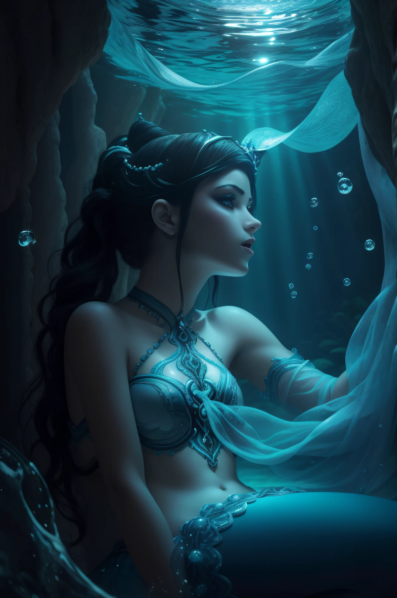 alta qualidade, uma mermaid of the water, flowing blue hair, muitos demonios, floresta negra, rosto perfeito, , beautifull lips, warm ilumination , usando uma tiara de osso e brincos de argola,vestido longo com fendas nas partes inferiores,, na frente do mar escuro com o reflexo da lua na agua , tendo foco no corpo,cantando para um barco