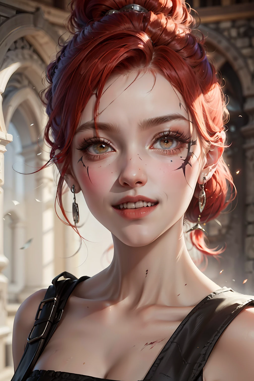 red haired pretty woman psycho crazy laugh, assassin, mercenary, wide eyes, short and low ponytail, two heavy scars across right eye (starting from top of eye), white eyes, black cloth top, portrait, medieval times, drop shadow, wide shot, high detail, anatomically correct, masterpiece, highres, high quality, high details, 8k, retina,