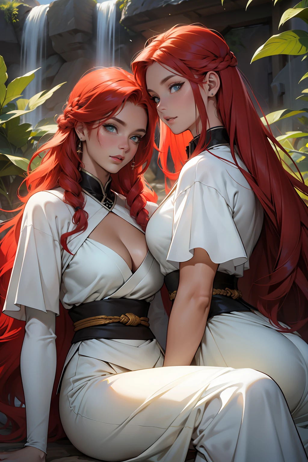 ((melhor qualidade)), ((obra-prima)), (altamente detalhado:1.3), duas mulheres, 2 women identical red-haired twin sisters with sereja colored hair, Cabelos Longos, seios fartos olhos bonitos, uma com olhar sedutor em um quimono preto, a outra com um quimono branco e um olhar gentil, Running with wolves on a plateau in feudal Japan Two seductive women, cabelos vermelhos cor de cereja, longos cabelos vermelhos, twin sisters, cabelos vermelhos, Elengantes, Two young women, com longos cabelos vermelhos cereja e olhos verde-esmeralda, rosto bonito, rosto detalhado, Grande seiso, seios fartos, rosto perfeito,, detailed hands, Pacotes Perfeitos Quimonos de Luxo, sisters, mulheres bonitas, Perfect lips, fleshy lips, seios grande,s seios suculentos, seios fartos, identical twin sisters 2 women identical twins, siting in wolves, pale women with intense red hair, e olhos verdes, red hair pale skin, olhos verdes