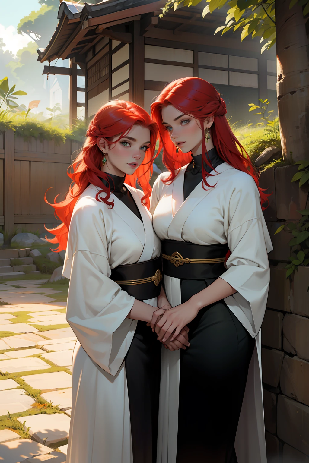 ((melhor qualidade)), ((obra-prima)), (altamente detalhado:1.3), duas mulheres, 2 women identical red-haired twin sisters with sereja colored hair, Cabelos Longos, seios fartos olhos bonitos, uma com olhar sedutor em um quimono preto, a outra com um quimono branco e um olhar gentil, Running with wolves on a plateau in feudal Japan Two seductive women, cabelos vermelhos cor de cereja, longos cabelos vermelhos, twin sisters, cabelos vermelhos, Elengantes, Two young women, com longos cabelos vermelhos cereja e olhos verde-esmeralda, rosto bonito, rosto detalhado, Grande seiso, seios fartos, rosto perfeito,, detailed hands, Pacotes Perfeitos Quimonos de Luxo, sisters, mulheres bonitas, Perfect lips, fleshy lips, seios grande,s seios suculentos, seios fartos, identical twin sisters 2 women identical twins, siting in wolves, pale women with intense red hair, e olhos verdes, red hair pale skin, olhos verdes
