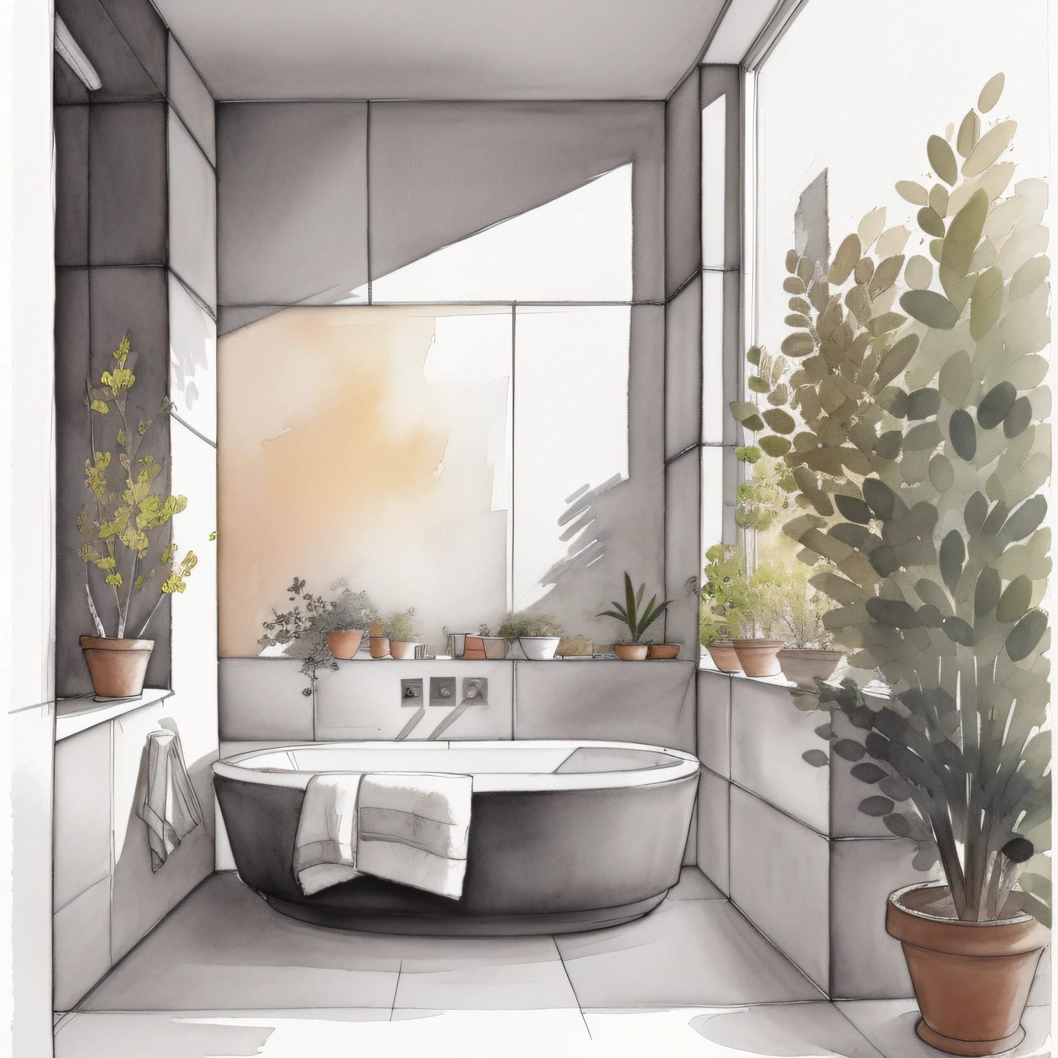 Watercolor sketch of bathroom with stone walls, Piso de concreto, luz natural, plantas, Arquitectura de bienestar, Lavado ligero, Detalle profesional, warm colours, Wabi sabi, techos de madera, Artistic impression, Artistic impression, por Hamish MacDonald, por Carey Morris, por David Brewster, More detailed illustration, por Helen Berman, An illustration, detailed illustration, por Nick Fudge, por Warren Mahy, Artist's impression