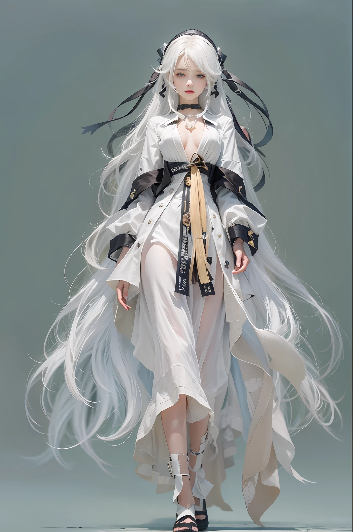 Volumetric lighting、extra detailed face、1girl、dark、deep-shadows、lowkey、cowboy shot、(Formula service:1.4)、length hair、white hair、