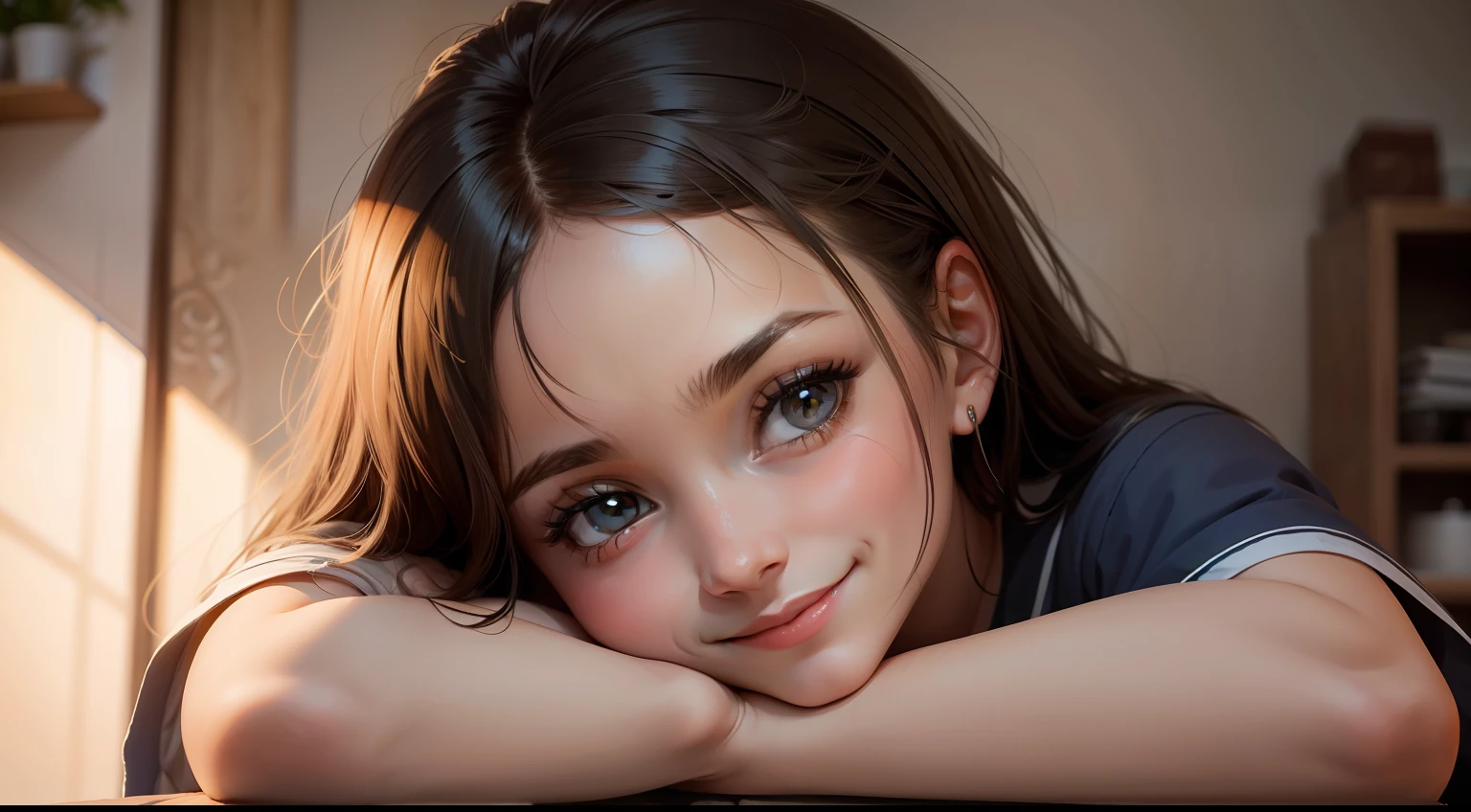 Girl smiling resting her head in her hands, olhos bem abertos, sorriso radiante
