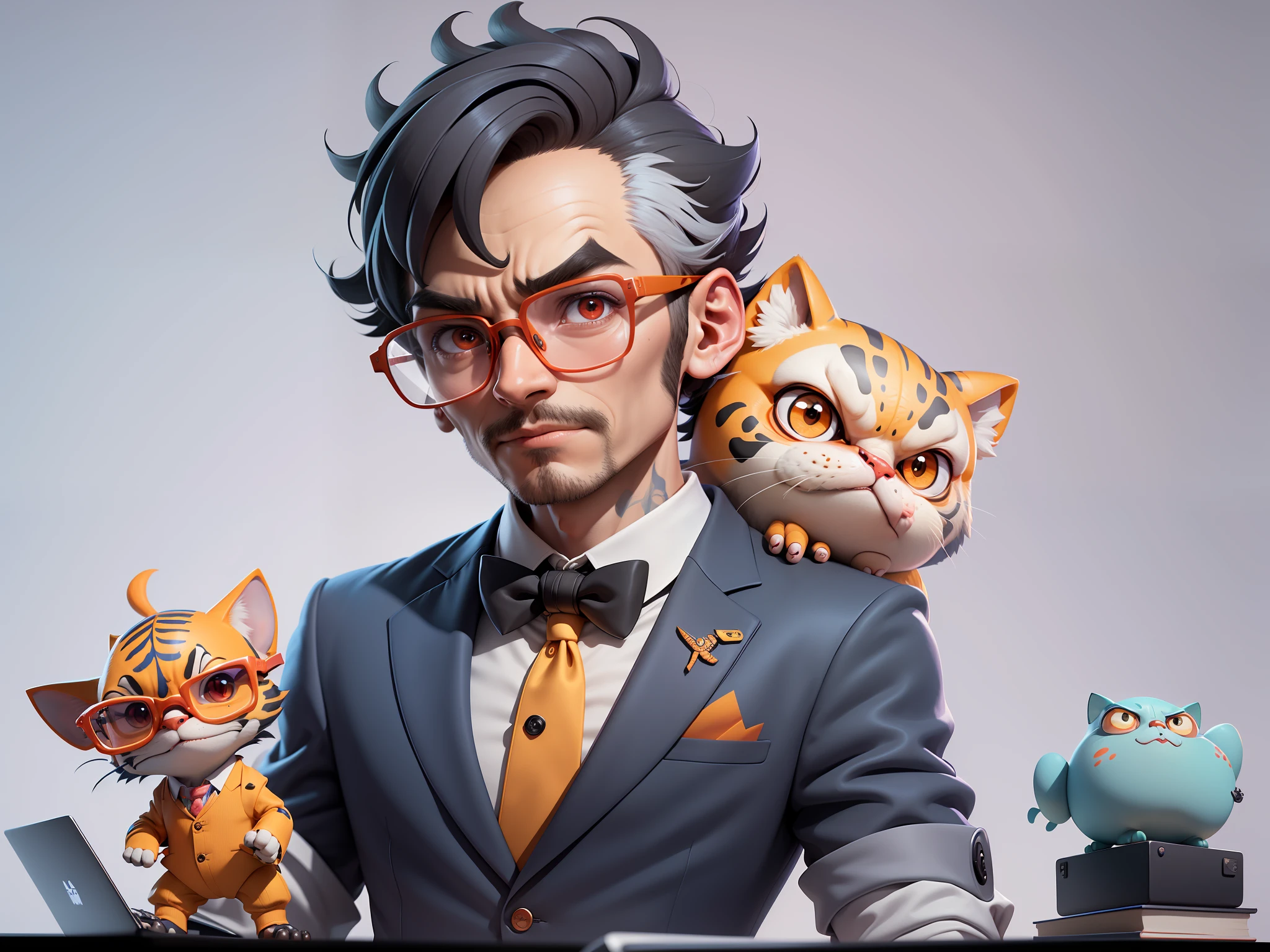 A young man in a suit, Short hair and glasses sat at his desk，holding laptop，digitial painting，tigre，3D character design by Mark Clairen and Pixar and Hayao Miyazaki and Akira Toriyama，4K HD illustration，Very detailed facial features and cartoon-style visuals。