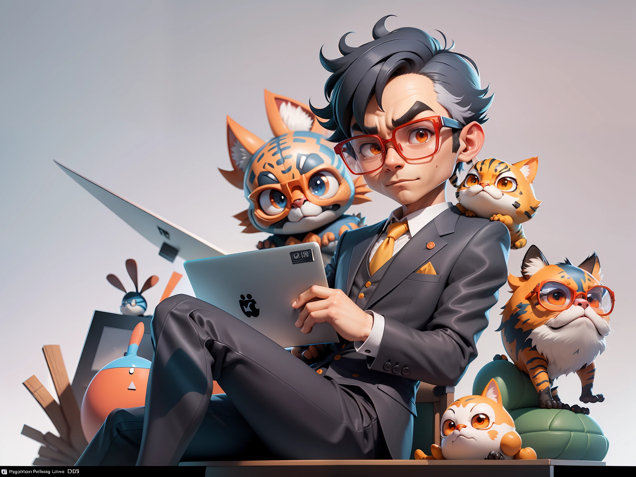 A young man in a suit, Short hair and glasses sat at his desk,holding laptop,digitial painting,tigre,3D character design by Mark Clairen and Pixar and Hayao Miyazaki and Akira Toriyama,4K HD illustration,Very detailed facial features and cartoon-style visuals。