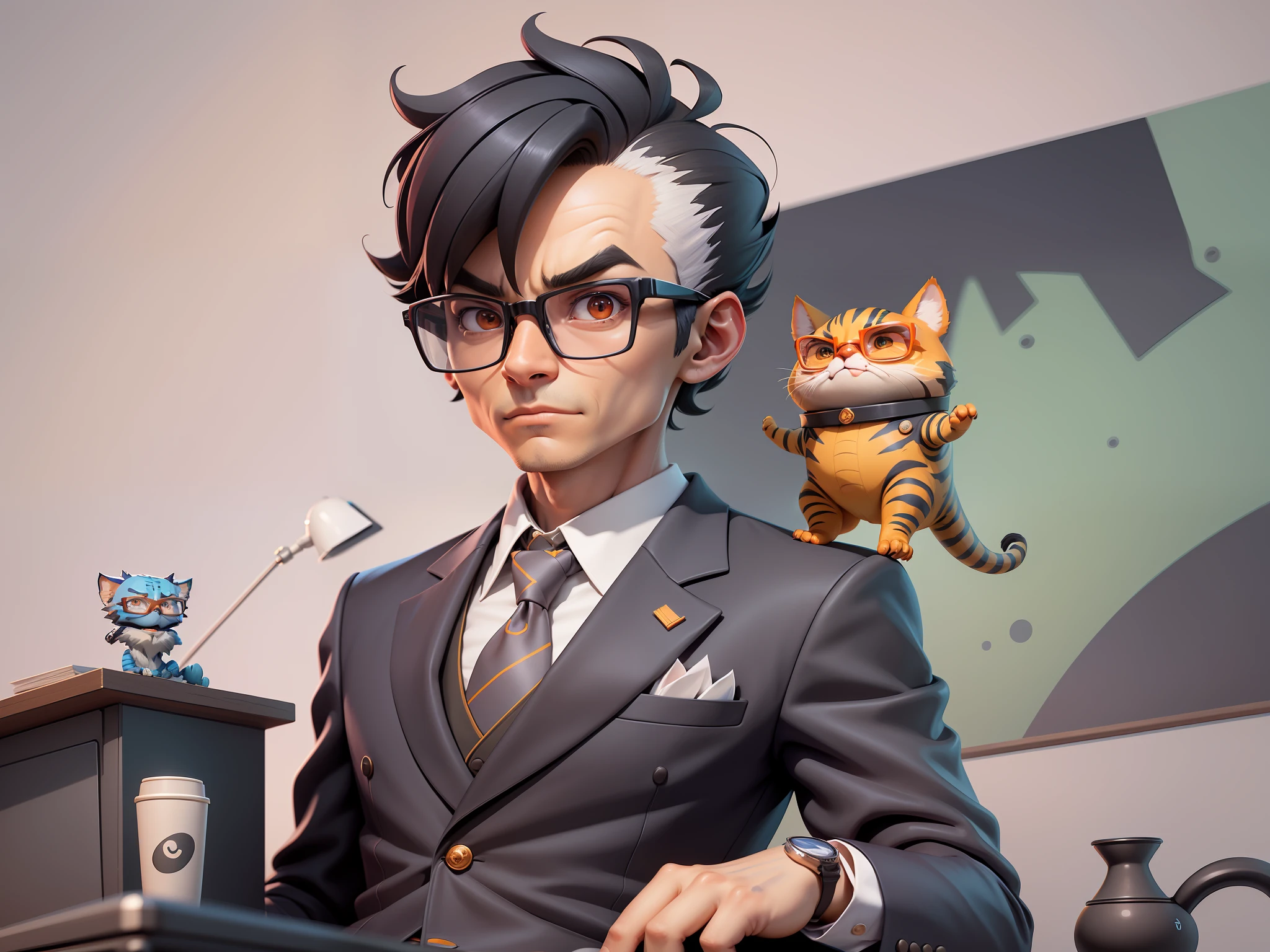 A young man in a suit, Short hair and glasses sat at his desk,holding laptop,digitial painting,tigre,3D character design by Mark Clairen and Pixar and Hayao Miyazaki and Akira Toriyama,4K HD illustration,Very detailed facial features and cartoon-style visuals。