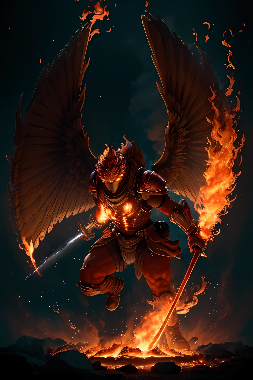 (8k, Photo brute, Best quality, Masterpiece:1.2), (Realstic, photo-realistic:1.37), Rendu octane, ultra highres, Ultra-detailed ,professional lighting, Cartographie des photons, radiosity, Rendu physique, UE5, ((Giant Earth Monster)), ((Glowing embers on the giant's body)), ((yeux rouges)), ((holding a flaming sword)), ((Burning castle)), ((Inflamed wings))
