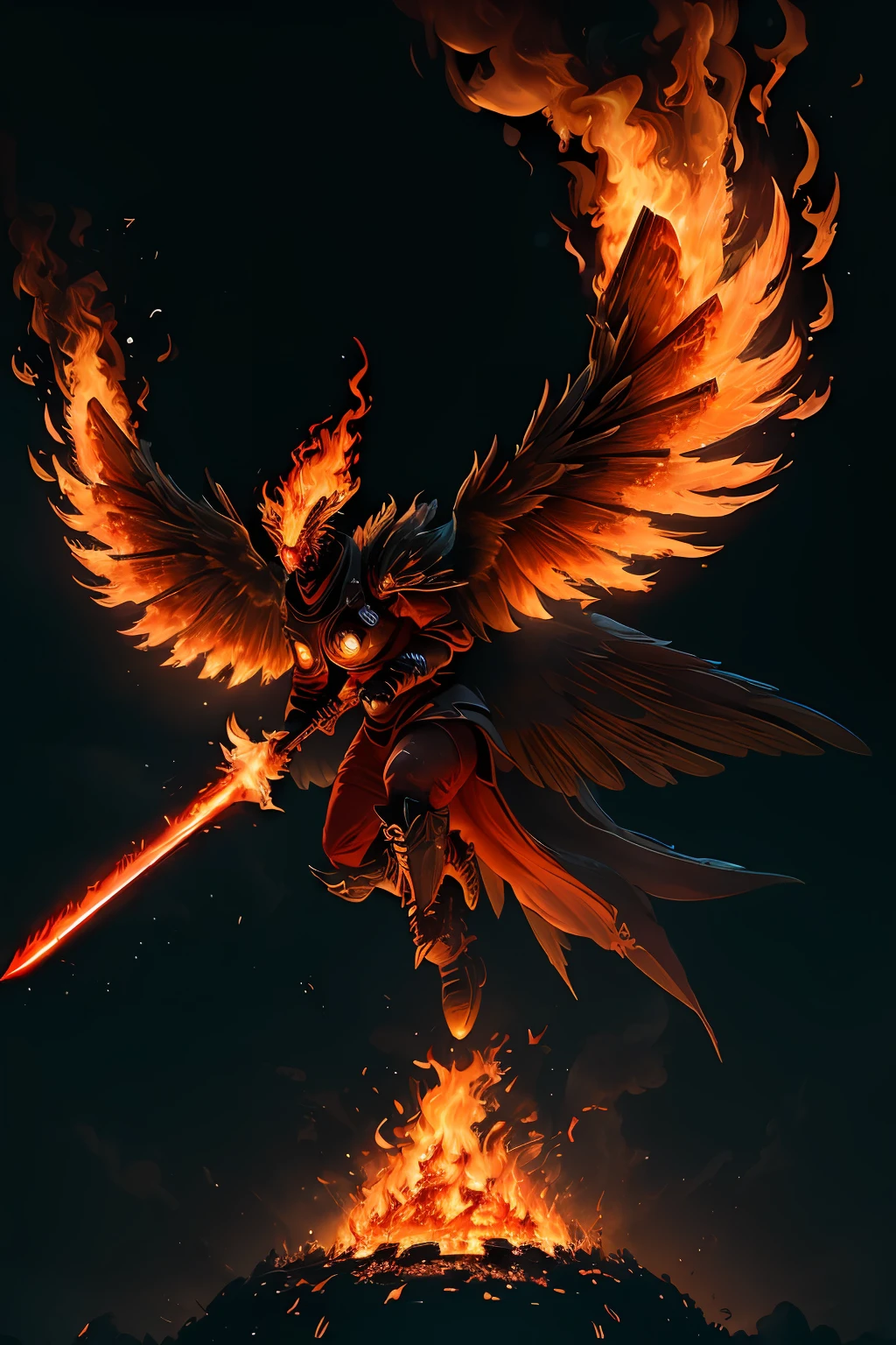 (8k, Photo brute, Best quality, Masterpiece:1.2), (Realstic, photo-realistic:1.37), Rendu octane, ultra highres, Ultra-detailed ,professional lighting, Cartographie des photons, radiosity, Rendu physique, UE5, ((Giant Earth Monster)), ((Glowing embers on the giant's body)), ((yeux rouges)), ((holding a flaming sword)), ((Burning castle)), ((Inflamed wings))