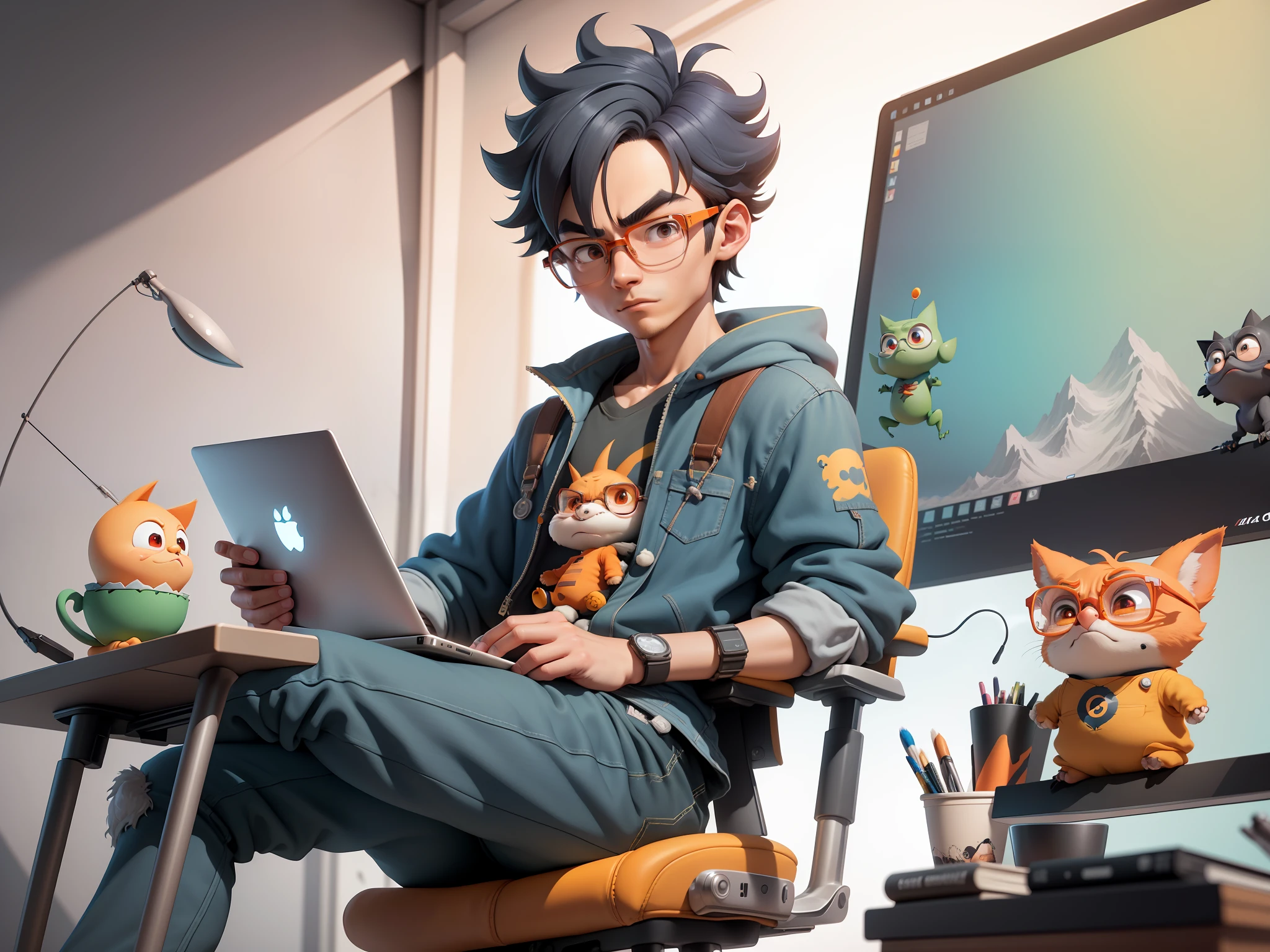 A young man with glasses sits at his desk，holding laptop，digitial painting，3D character design by Mark Clairen and Pixar and Hayao Miyazaki and Akira Toriyama，4K HD illustration，Very detailed facial features and cartoon-style visuals。