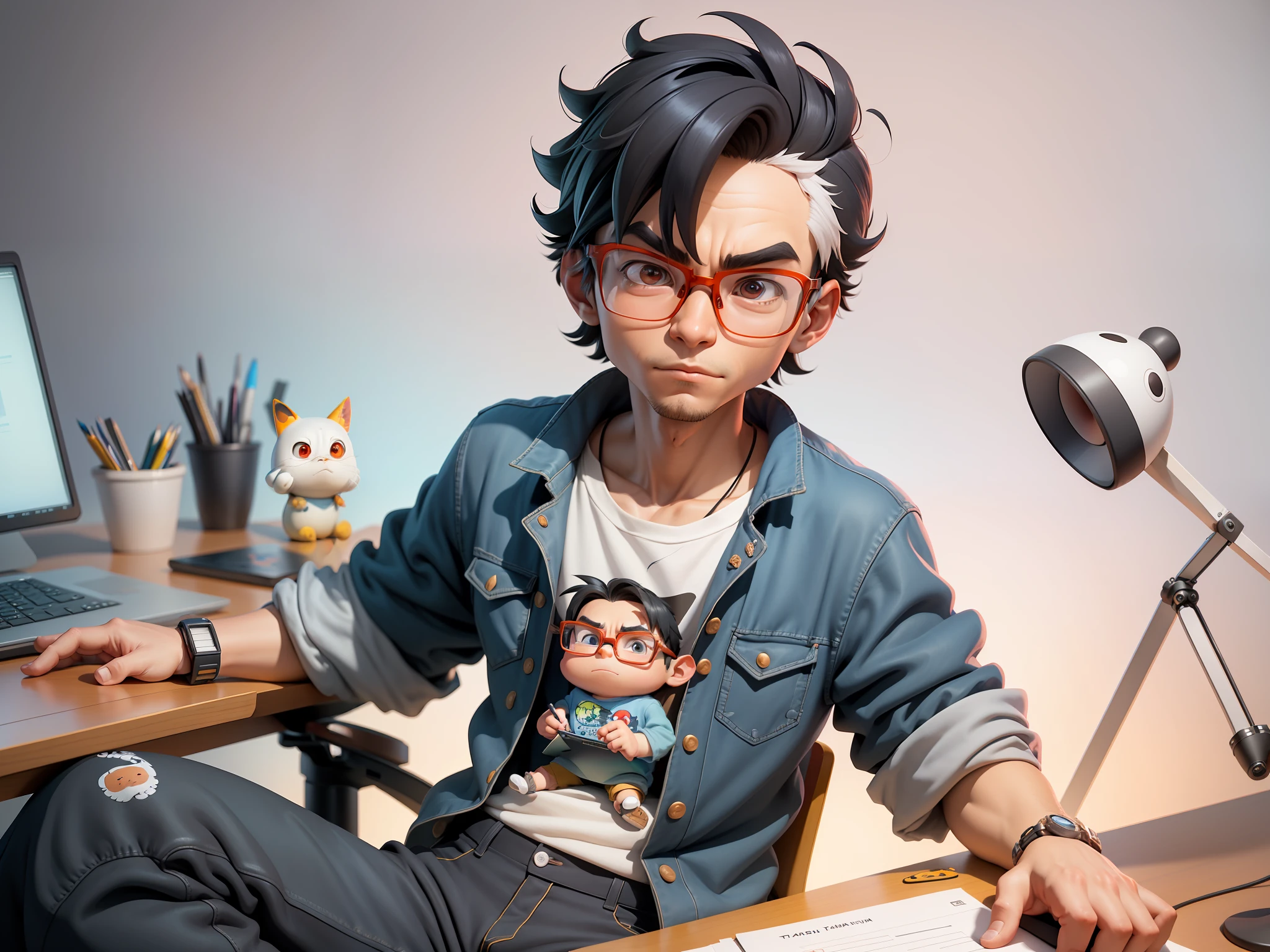 A young man with glasses sits at his desk，holding laptop，digitial painting，3D character design by Mark Clairen and Pixar and Hayao Miyazaki and Akira Toriyama，4K HD illustration，Very detailed facial features and cartoon-style visuals。