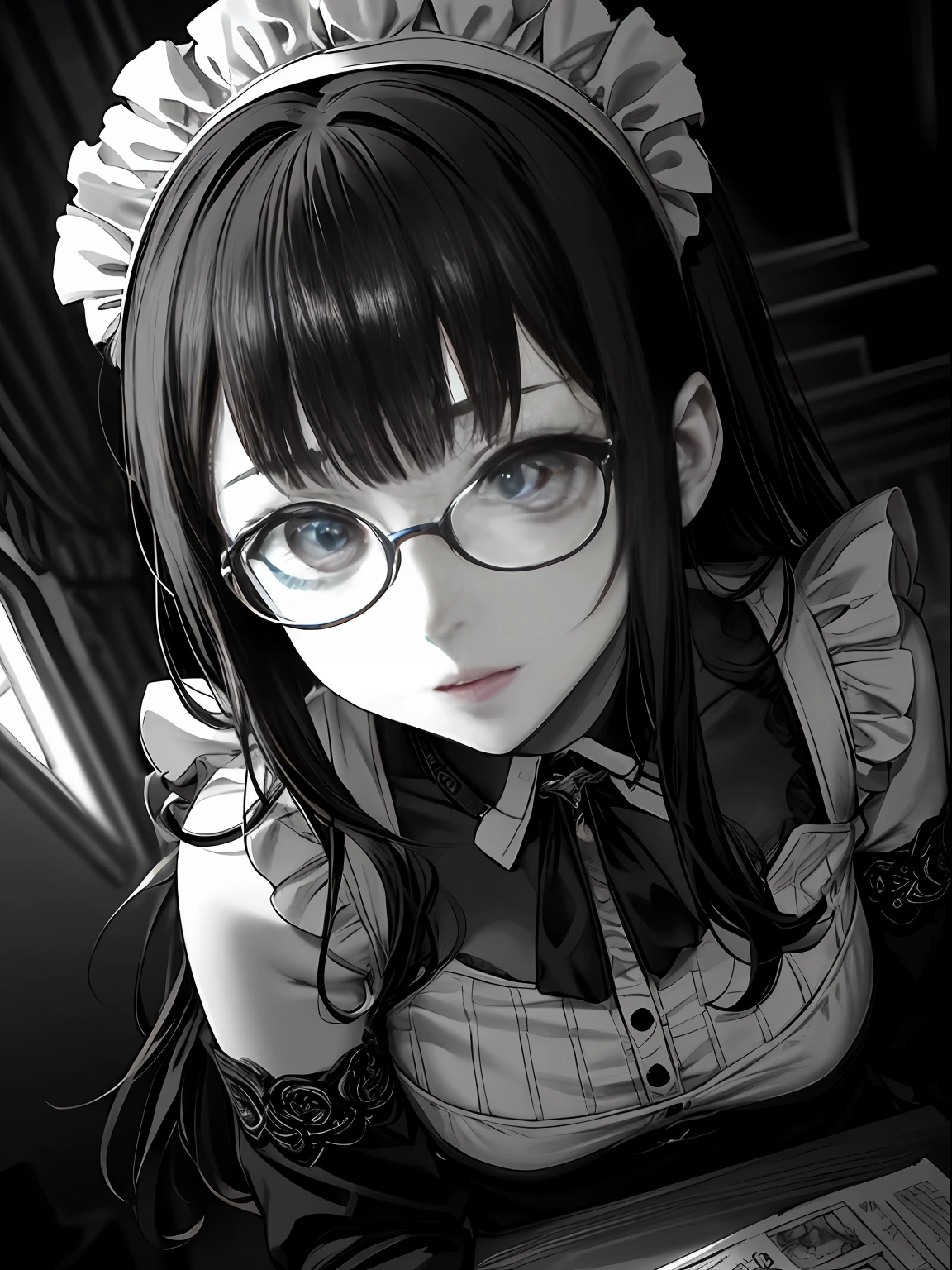 sitting,hand between legs,maid, glasses, over-kneehighs,ahegao ,fucked silly,sexual ecstasy,drunken eyes,blunt bangs, black hair,(masterpiece:1.2, best quality), (finely detailed beautiful eyes: 1.2), (detailed background,dark fantasy), (beautiful detailed face), high contrast, (best illumination, an extremely delicate and beautiful), ((cinematic light)), colorful, hyper detail, dramatic light, intricate details,