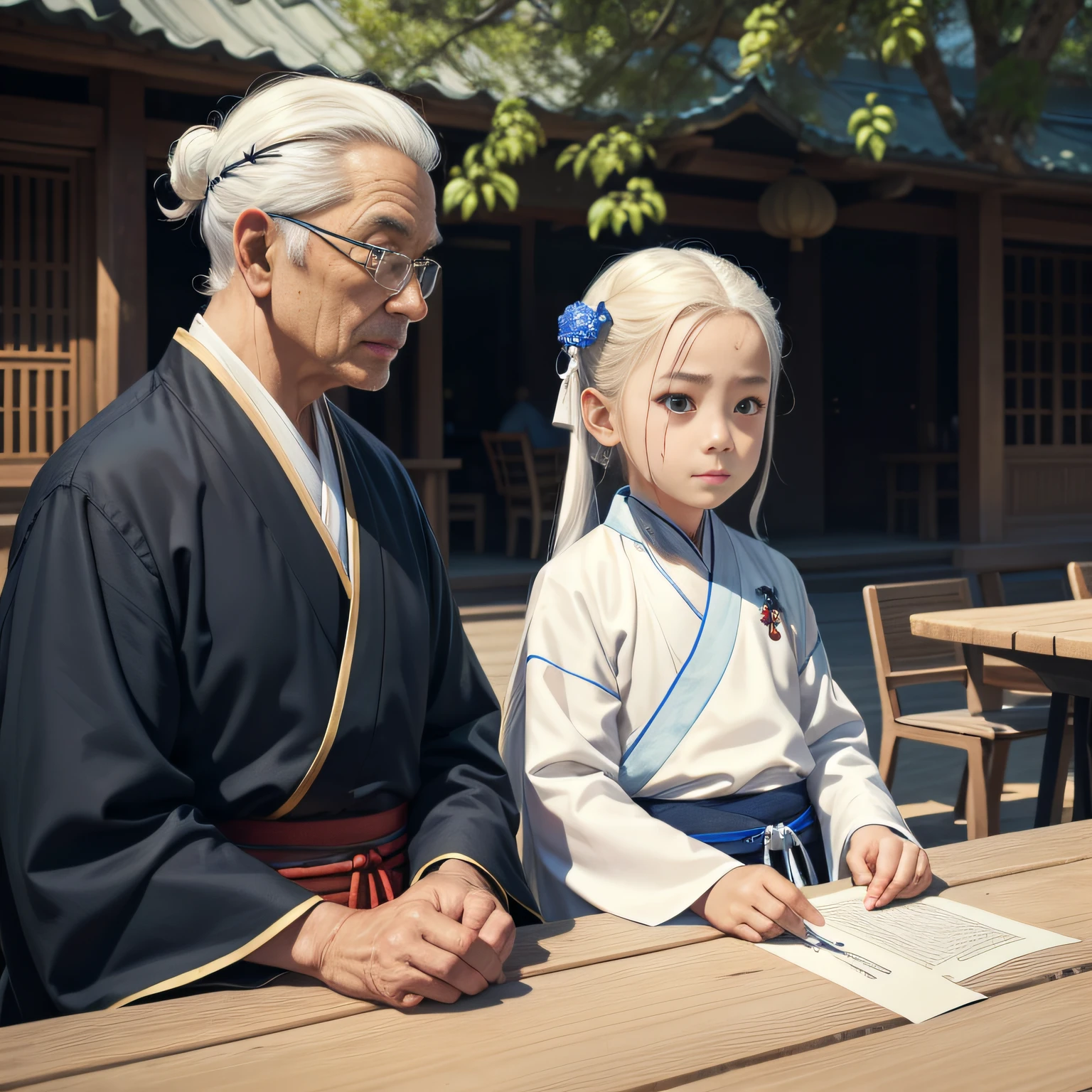 8K,tmasterpiece,Natural lighting,sitting before a table,Outdoor photography,sface focus,detailed face with,facial wrinkle,2 people,Sit face to face,Male elderly,White hair,Hairpins,Taoist costumes,Hanfu,5 year old boy