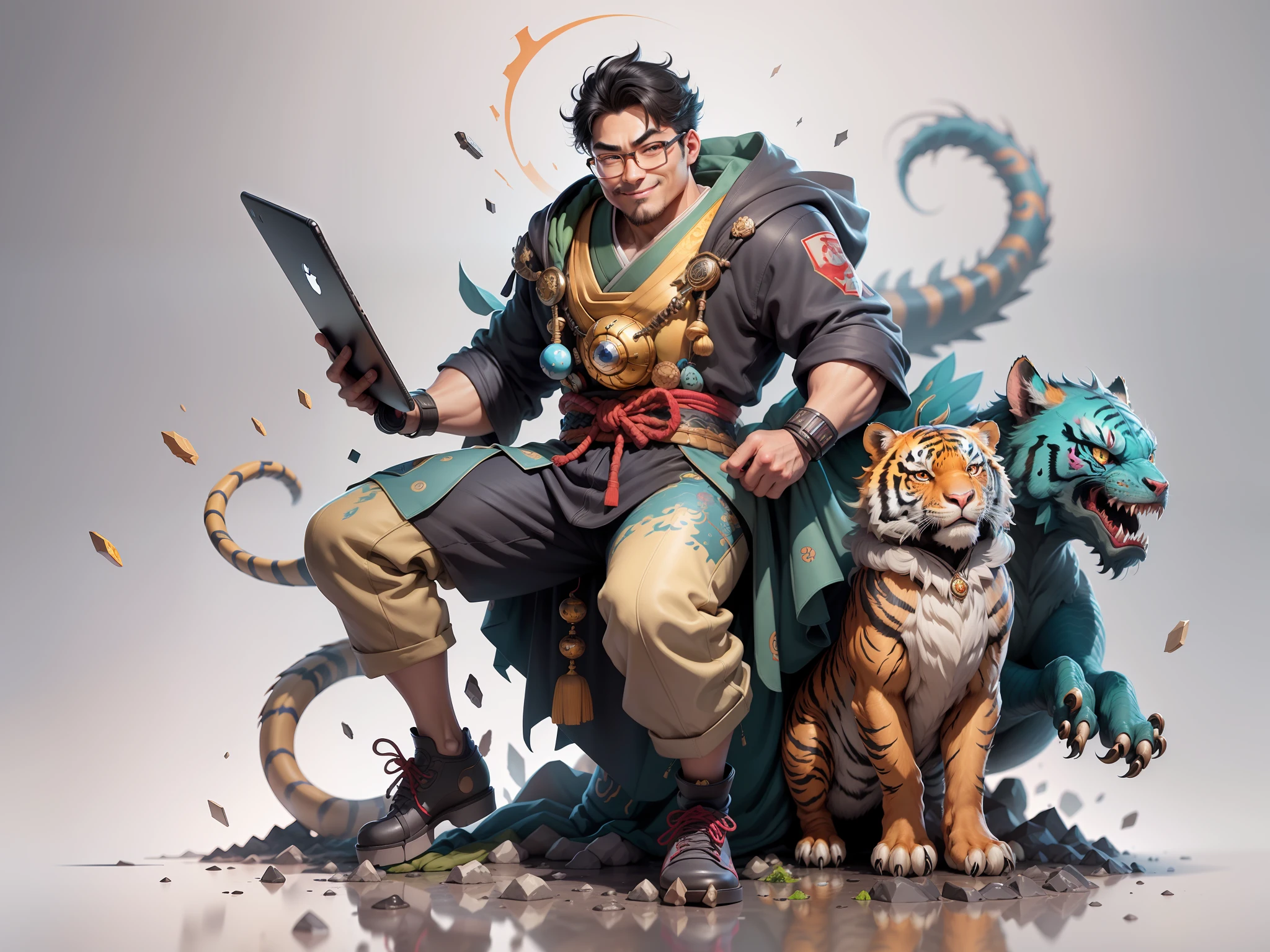 (Masterpiece), (Excellent), (Super Meticulous), (Full Body: 1.2), Super Young Man with Japanese Female Geisha, Pretty, Beautiful, Chinese Dragon, Tiger, Wind God Thor, Sexy, Bursting, Oriental Face, TV Anchor, Bust Portrait Illustration, Black Suit, Blue Tie, Slightly Chubby Face, Silver Glasses, Very Clean Face, No Beard on Chin, Black Super Short Hair, Black Eyes, Confident Smile, 3c Computer Sub-Products, iPad, iPhone, Digital Painting, 3D character design by Mark Clairedon and Pixar and Hayao Miyazaki and Akira Toriyama, the illustrations are HD illustrations in 4K resolution with highly detailed facial features and cartoon-style visuals.