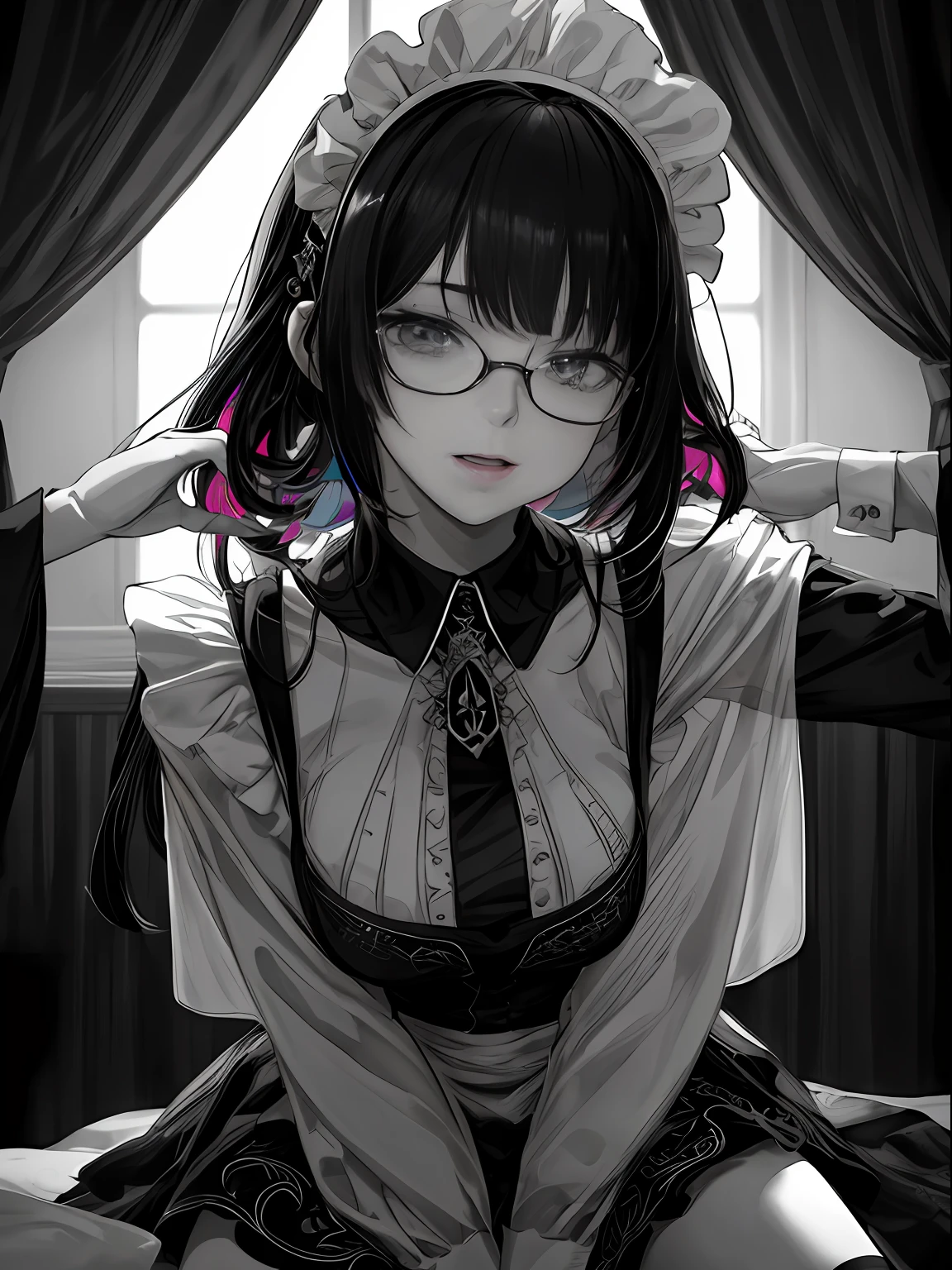 sexy、Nasty face、Sitting,hand between legs,maid, Glasses, over-kneehighs,Ahegao , Silly,Sexual ecstasy,Drunken eyes,Blunt bangs, Black hair,(masutepiece:1.2, Best Quality), (finely detailed beautiful eye: 1.2), (Detailed background,Dark Fantasy), (beautifull detailed face), High contrast, (Best Illumination, extremely delicate and beautiful), ((Cinematic Light)), Colorful, Hyper Detail, Dramatic light, Intricate details,