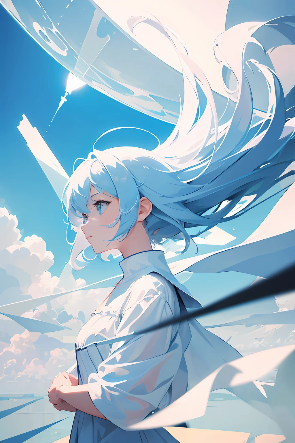 masterpiece, best quality, movie still, 1girl, floating in the sky, cloud girl, cloud, (close-up:1.1), bright, happy, fun, soft lighting, (Bauhaus, shapes, lines, abstract:1.1)