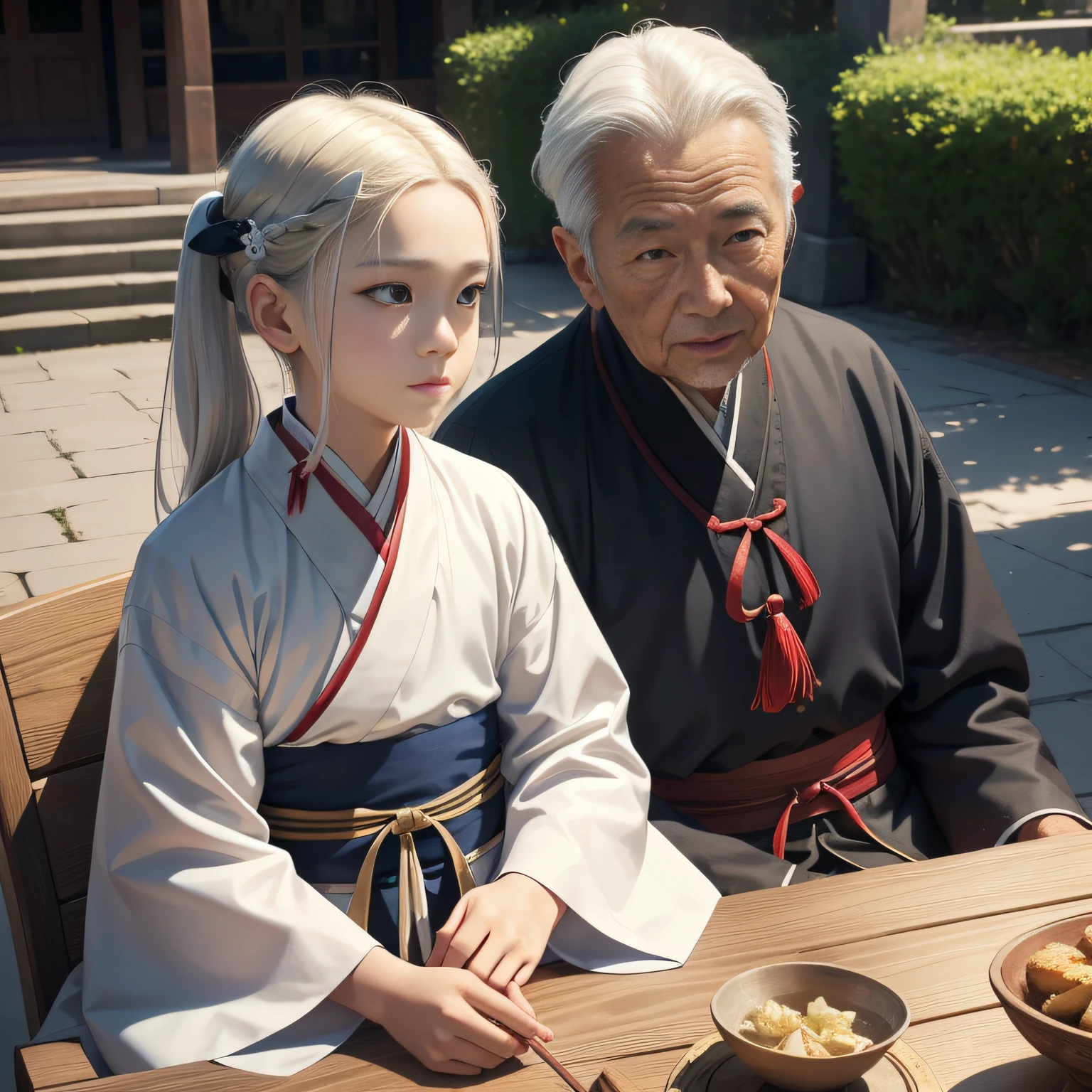 8K,tmasterpiece,Natural lighting,sitting before a table,Outdoor photography,sface focus,detailed face with,facial wrinkle,2 people,Sit face to face,Male elderly,White hair,Hairpins,Taoist costumes,Hanfu,5 year old boy