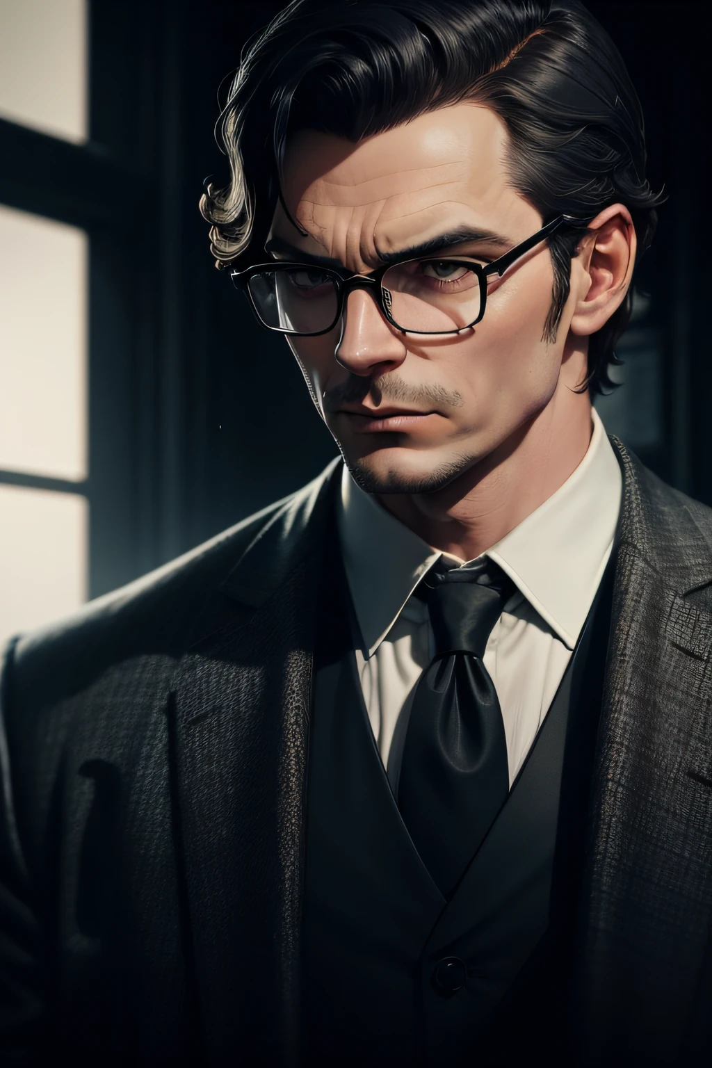 Detective man wearing a dark black suit dark shadows silhouette vintage retro man