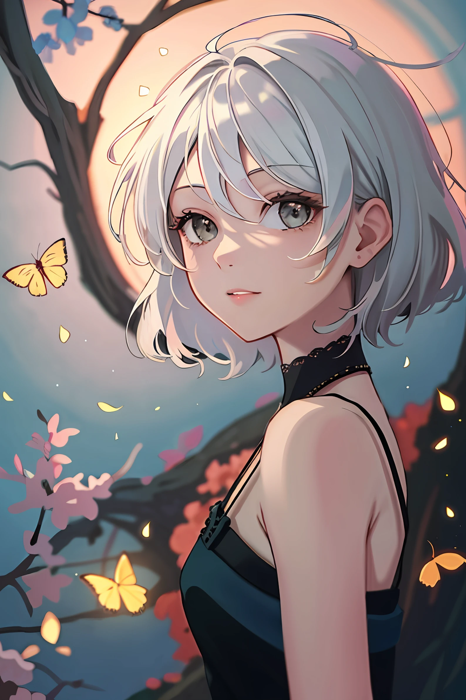 (highres, best quality:1.2), radiance, soft contours, beautiful drawing, concept art, detailed background, bright colors,
Silver hair, summer, fireflies,