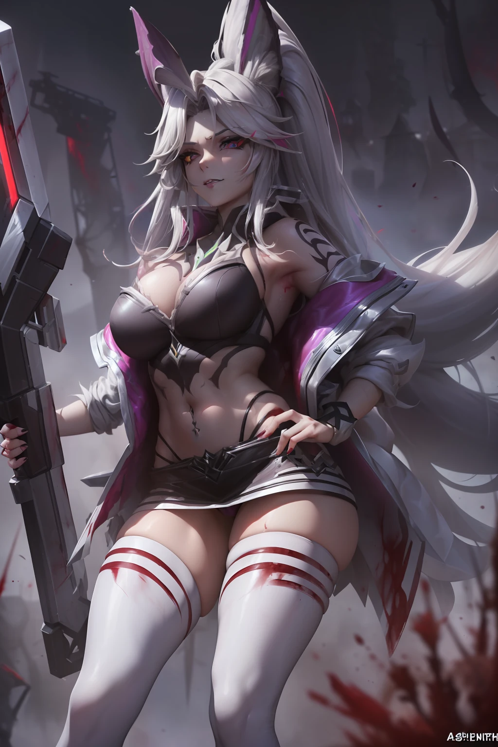 (Ashenhardt style:1.4), Masterpiece, Best quality, High quality,(Red eyes with dark red glow), (in profile), Abstraction, Deep Sea, Award-winning photography, Depth of field, HDR, Very detailed, Trending in art station, Trending in CGsociety, Complex, High detail,(Masterpiece: 1.2, highest quality), (Best lighting, very delicate and beautiful), (Best lighting, Very delicate and beautiful), (beautiful detailed face), (detailed eyes and detailed face:1.2), dark fantasy, (young girl, 1girl, solo, crazy smile, pale skin,G cup,cleavage,19 piercings,((tattoo all over body,tribal tattoo all over foot)) gray hair, red glowing eyes, dynamic angle, vampire), ((back art paint on the ground, pointy_ears, fangs, blood on face, blood rain, blood mist, (depth of field),high contrast,(blood splash:1.4),cowboy shot,full body, colorful poses,((Uniform,Blazer,Ruffled miniskirt,Light colored panties:1)),Cowboy shot,Denim jacket, really short clothes, NSFW