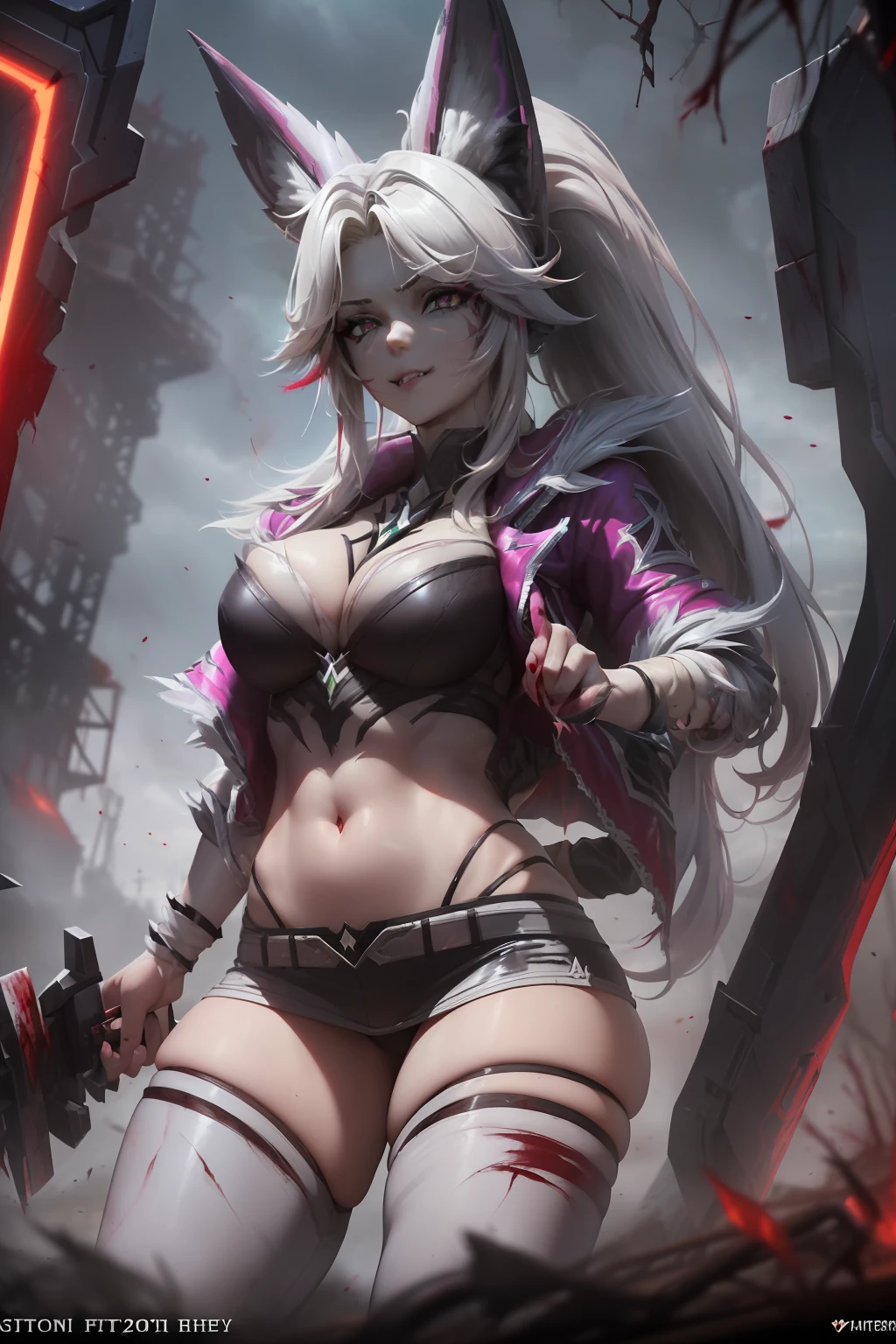 (Ashenhardt style:1.4), Masterpiece, Best quality, High quality,(Red eyes with dark red glow), (in profile), Abstraction, Deep Sea, Award-winning photography, Depth of field, HDR, Very detailed, Trending in art station, Trending in CGsociety, Complex, High detail,(Masterpiece: 1.2, highest quality), (Best lighting, very delicate and beautiful), (Best lighting, Very delicate and beautiful), (beautiful detailed face), (detailed eyes and detailed face:1.2), dark fantasy, (young girl, 1girl, solo, crazy smile, pale skin,G cup,cleavage,19 piercings,((tattoo all over body,tribal tattoo all over foot)) gray hair, red glowing eyes, dynamic angle, vampire), ((back art paint on the ground, pointy_ears, fangs, blood on face, blood rain, blood mist, (depth of field),high contrast,(blood splash:1.4),cowboy shot,full body, colorful poses,((Uniform,Blazer,Ruffled miniskirt,Light colored panties:1)),Cowboy shot,Denim jacket, really short clothes,