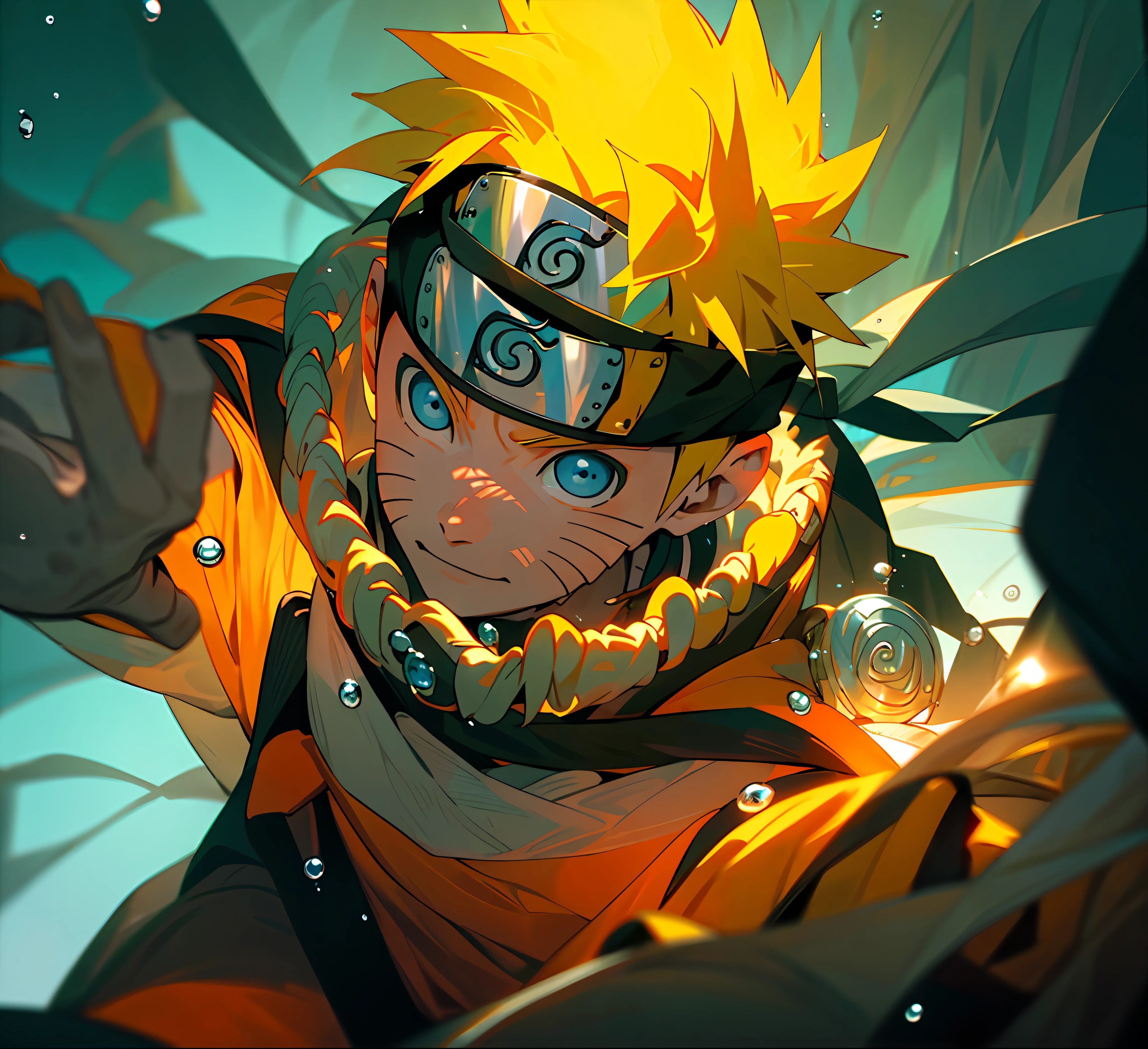 Naruto Uzumaki, 1boy, Male Focus, Masterpiece, Best Quality, (Portrait, Close-up), Looking at the Viewer, Shadows and Light, Blurred Foreground, Konoha Academy Symbol, Indoor, Water Drops, Blue Eyes, In Bed, Gentle Light Smile
