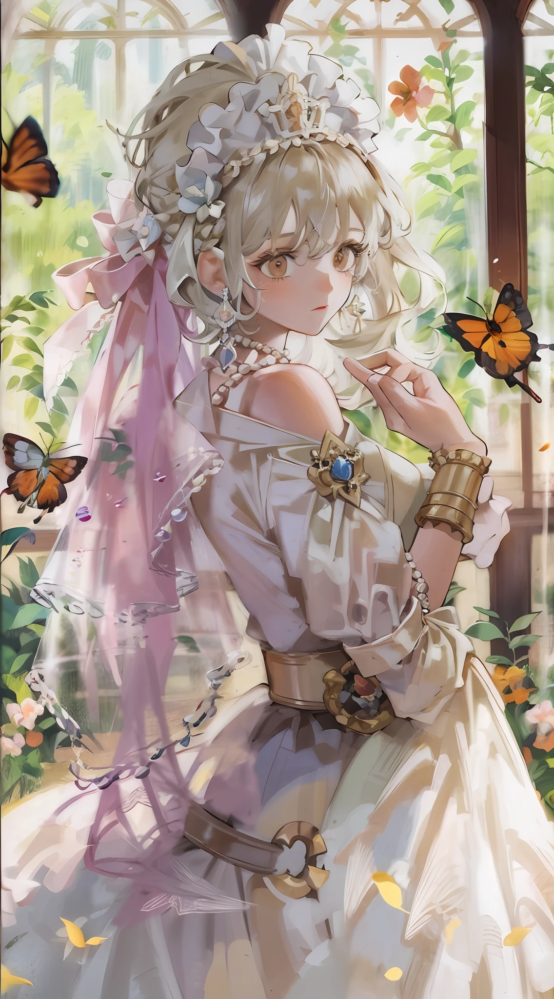 Flying butterflies,Fluttering petals,Fluttering hair,softlighting,Huge stained windows,The windows are transparent,1girll,Golden birdcage,Thorny vines,Red butterfly,mitts,(very intricate),Exquisite,Complex hairstyles,long skirt,RococoStyle,Bow knot,Cross straps,Gorgeous dress,Large skirt,frilld,Love decoration,(Elegant vintage clothing design),rosette,whaite hair,long white hair,The brightness of the picture is high,Low contrast,The overall feeling is like an oil painting,trpical garden,Close-up,Close-up Shot Shot,Pedras preciosas,jewelled headdress,pearls necklace