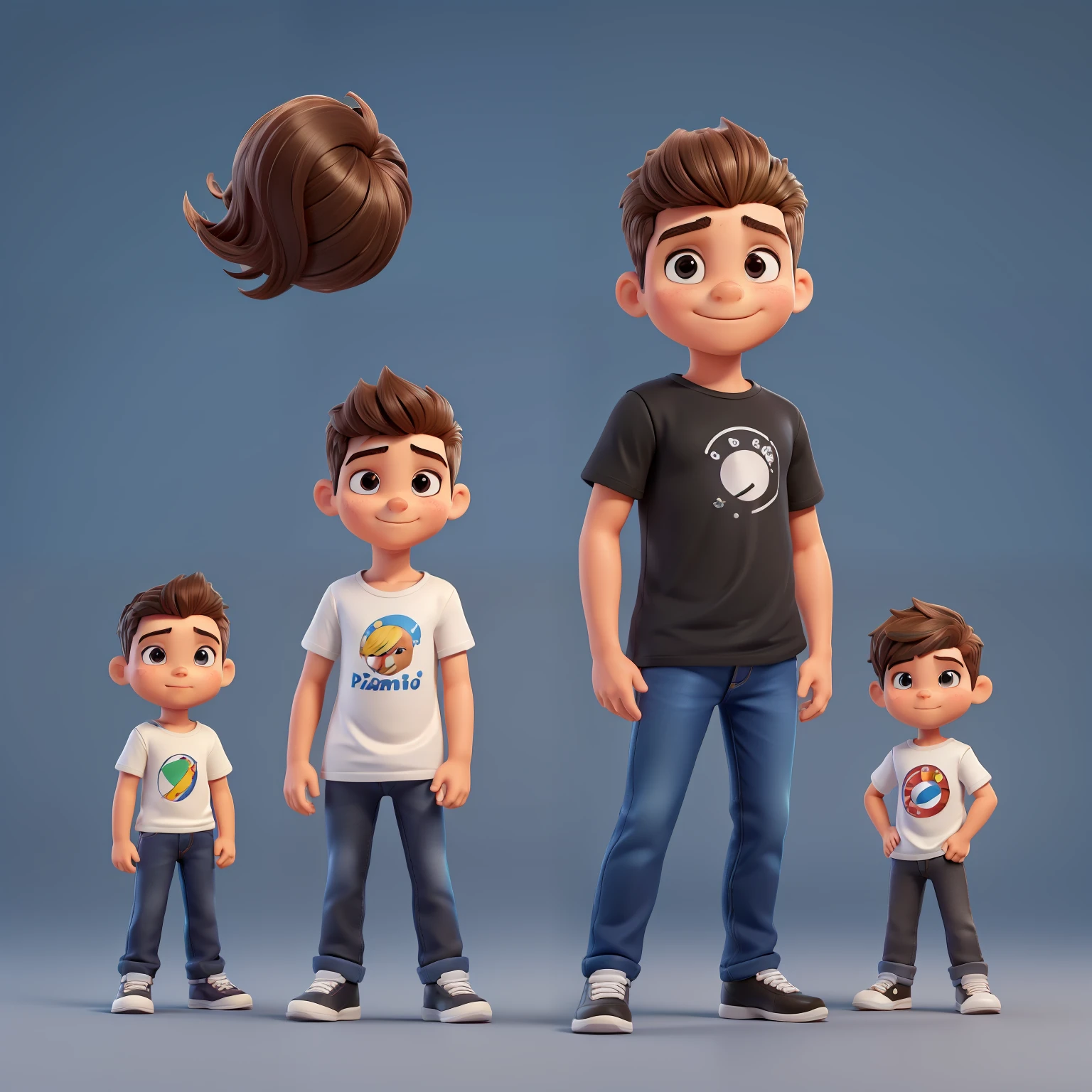 Bonito pequeno investidor masculino de 38 anos de idade, huge head, tiro cabelo undercut, olhos altamente detalhados, front-faceing, barba fraca, ajuste, with black T-shirt and blue jeans, black tennis, whole body view, Highly detailed hands, figuras de brinquedo, melhor qualidade, desenhos animados 3d, whole body view, fantasia, sonho, surrealismo, super bonito, trending in the artstation