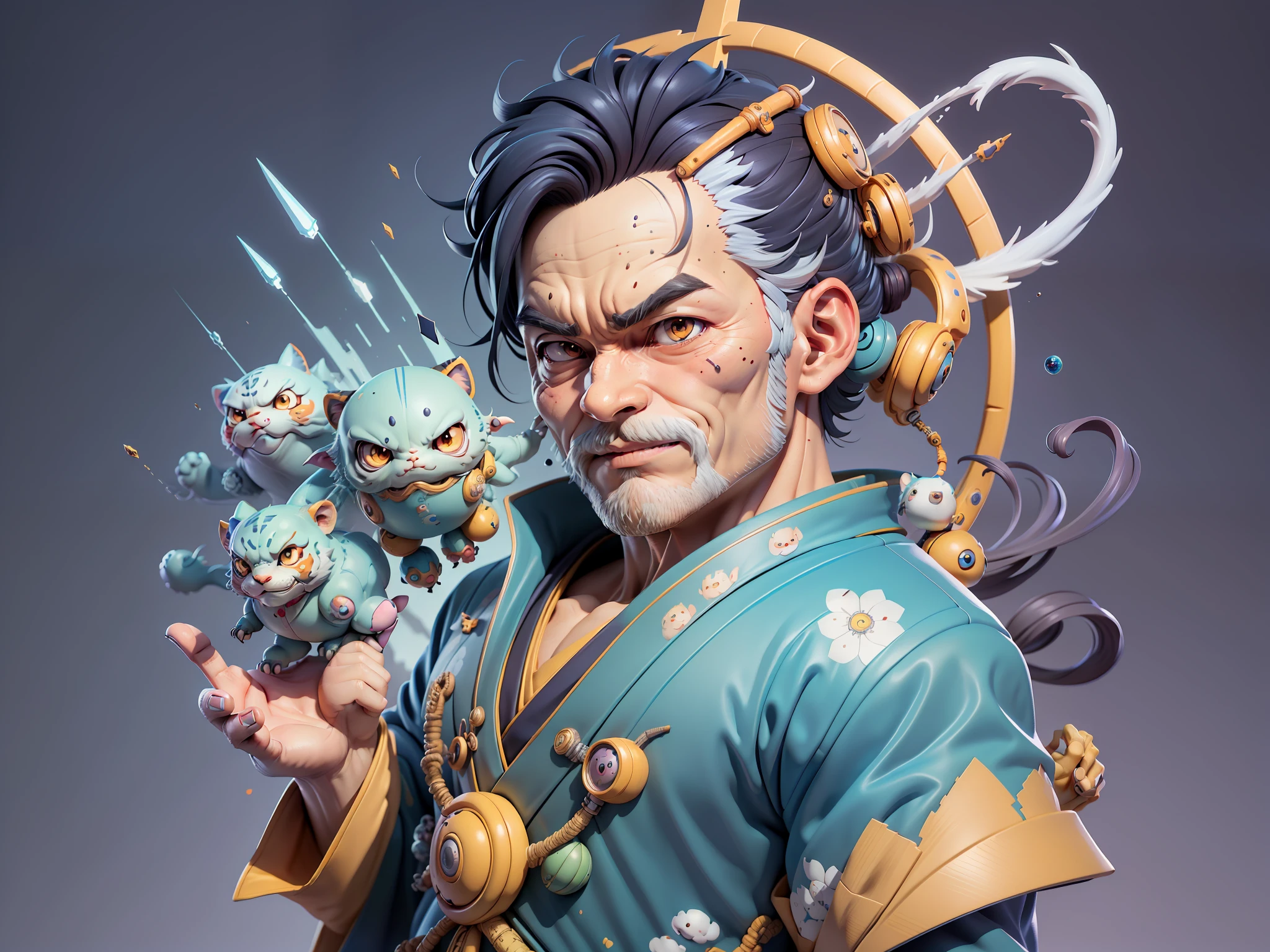 (Masterpiece), (Excellent), (Super Meticulous), (Full Body: 1.2), Super Young Man, Oriental Face, Japanese Kimono, Japanese Wind Thunder God, Dragon, Tiger, TV Anchor, Bust Portrait Illustration, Alone, Black Suit, Blue Tie, Slightly Chubby Face, Very Clean Face, No Beard, Black Super Short Hair, Black Eyes, Confident Smile, 3c Computer Sub-Products, iPad, iPhone, Digital Painting, 3D Character Design by Akira Toriyama and Mark Claireden and Pixar and Hayao Miyazaki, The illustration is a high-definition illustration in 4K resolution with very detailed facial features and cartoon-style visuals.