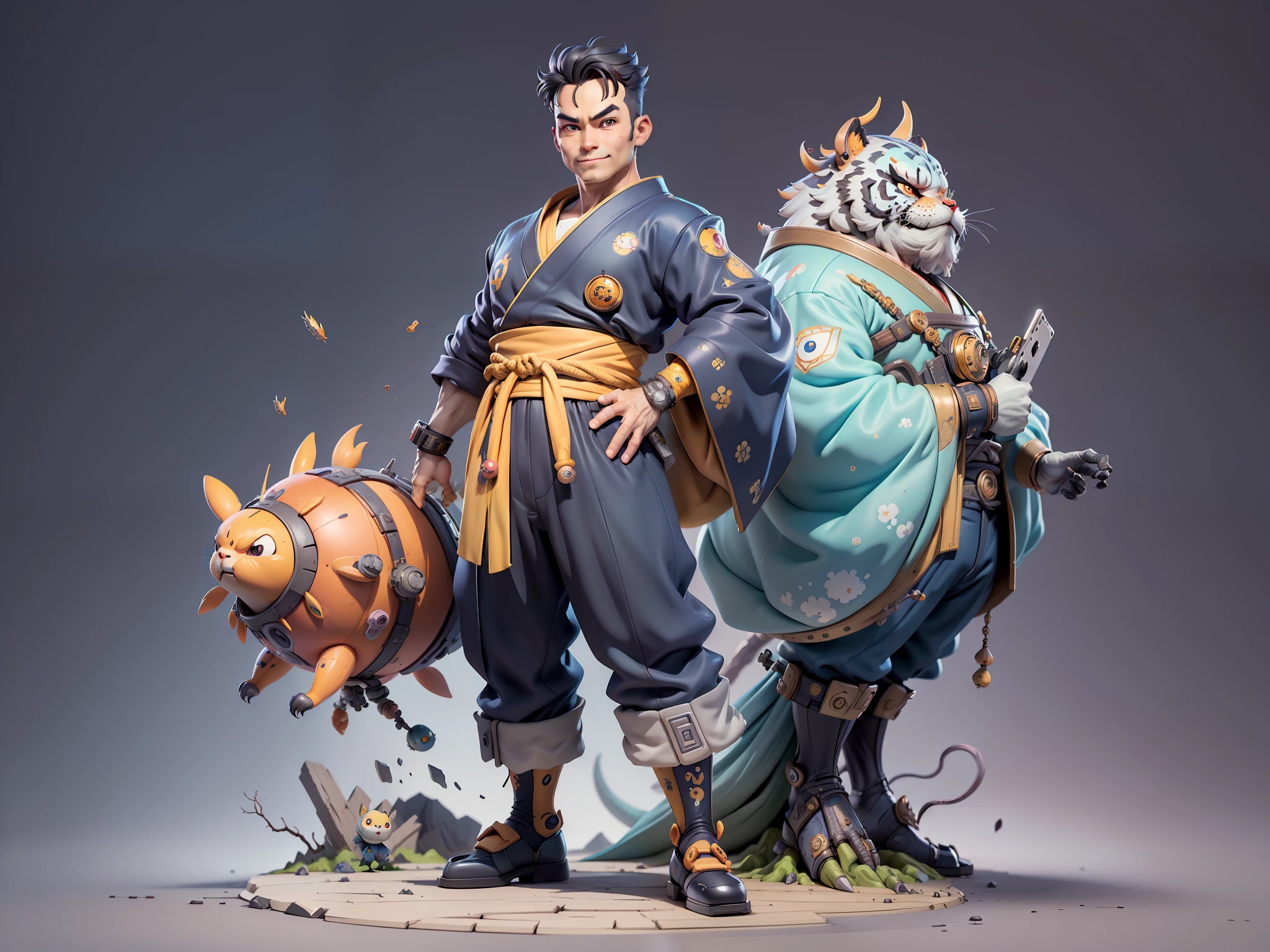 (Masterpiece), (Excellent), (Super Meticulous), (Full Body: 1.2), Super Young Man, Oriental Face, Japanese Kimono, Japanese Wind Thunder God, Dragon, Tiger, TV Anchor, Bust Portrait Illustration, Alone, Black Suit, Blue Tie, Slightly Chubby Face, Very Clean Face, No Beard, Black Super Short Hair, Black Eyes, Confident Smile, 3c Computer Sub-Products, iPad, iPhone, Digital Painting, 3D Character Design by Akira Toriyama and Mark Claireden and Pixar and Hayao Miyazaki, The illustration is a high-definition illustration in 4K resolution with very detailed facial features and cartoon-style visuals.