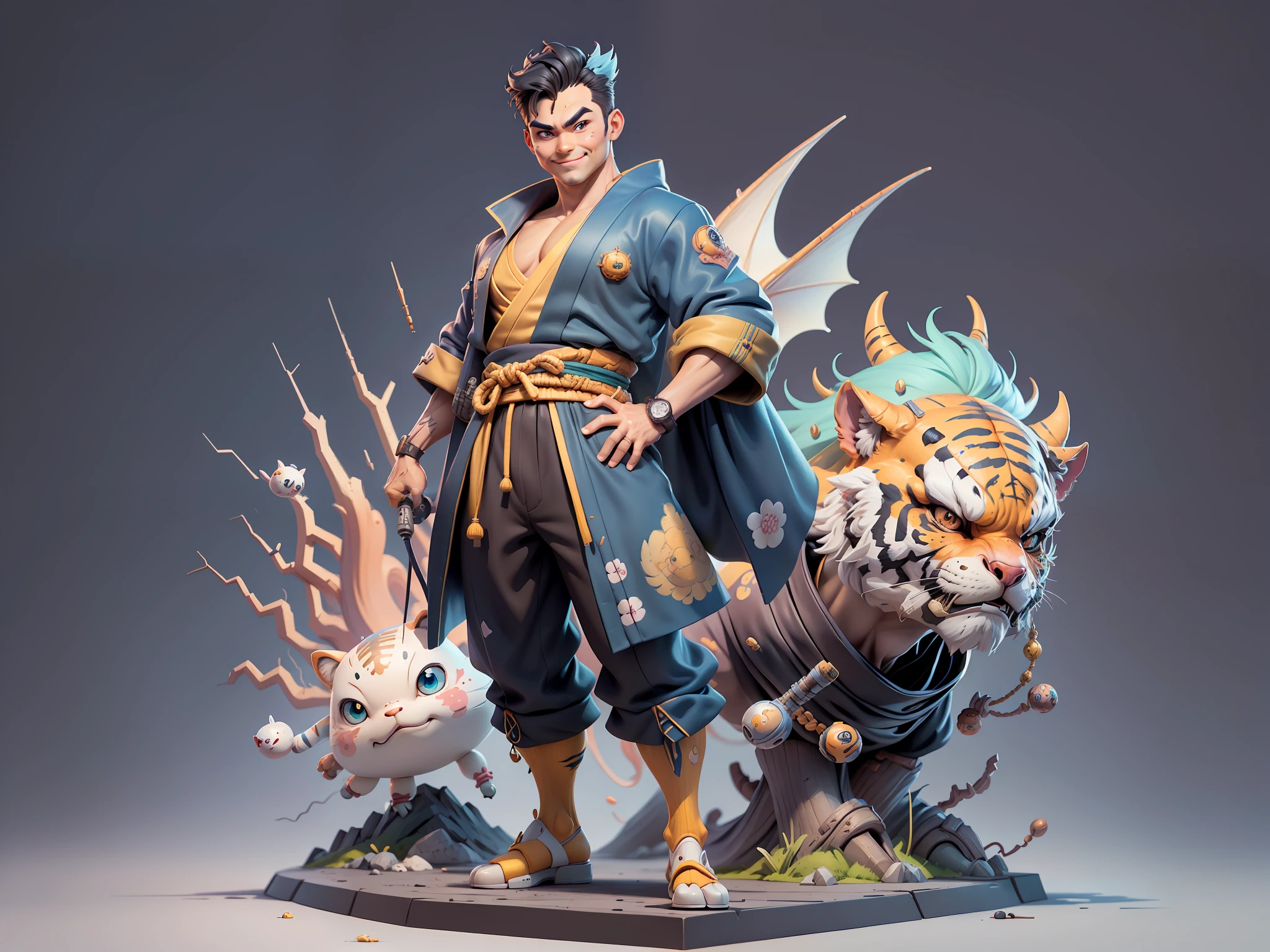 (Masterpiece), (Excellent), (Super Meticulous), (Full Body: 1.2), Super Young Man, Oriental Face, Japanese Kimono, Japanese Wind Thunder God, Dragon, Tiger, TV Anchor, Bust Portrait Illustration, Alone, Black Suit, Blue Tie, Slightly Chubby Face, Very Clean Face, No Beard, Black Super Short Hair, Black Eyes, Confident Smile, 3c Computer Sub-Products, iPad, iPhone, Digital Painting, 3D Character Design by Akira Toriyama and Mark Claireden and Pixar and Hayao Miyazaki, The illustration is a high-definition illustration in 4K resolution with very detailed facial features and cartoon-style visuals.