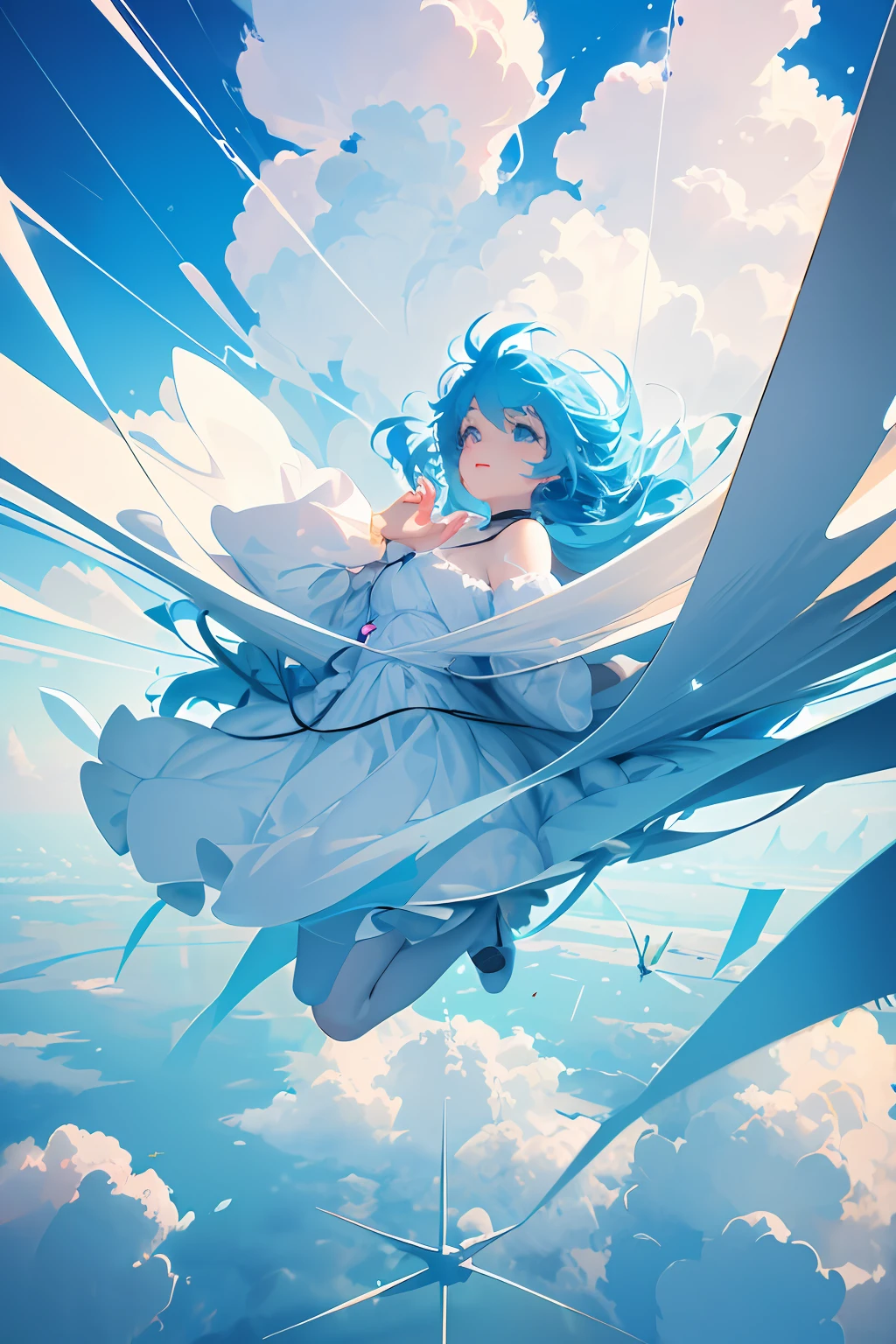 masterpiece, best quality, movie still, 1girl, floating in the sky, cloud girl, cloud, (close-up:1.1), bright, happy, fun, soft lighting, (Bauhaus, shapes, lines, abstract:1.1)