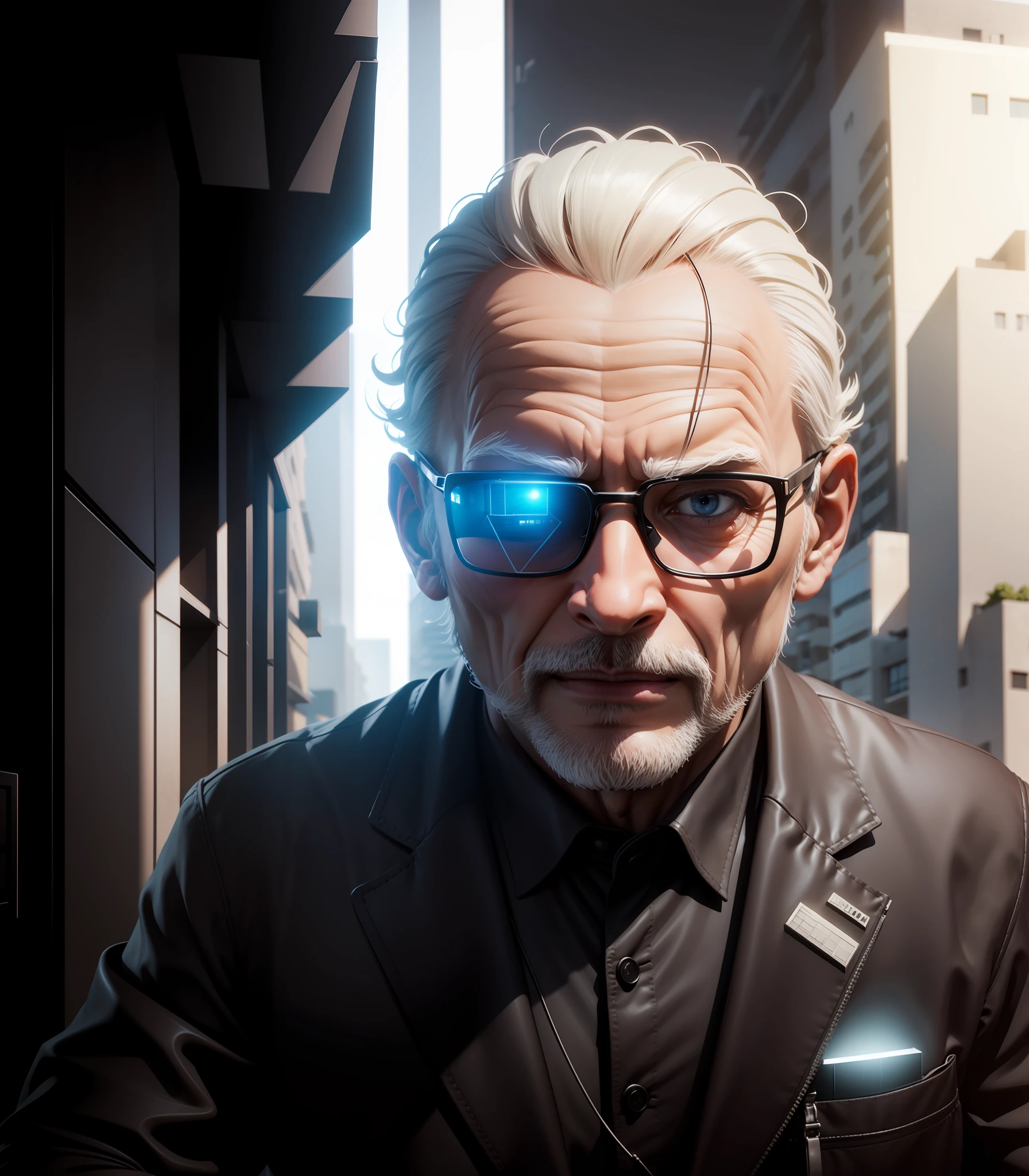 Add a virtual 3D representation of a building in front of the old man