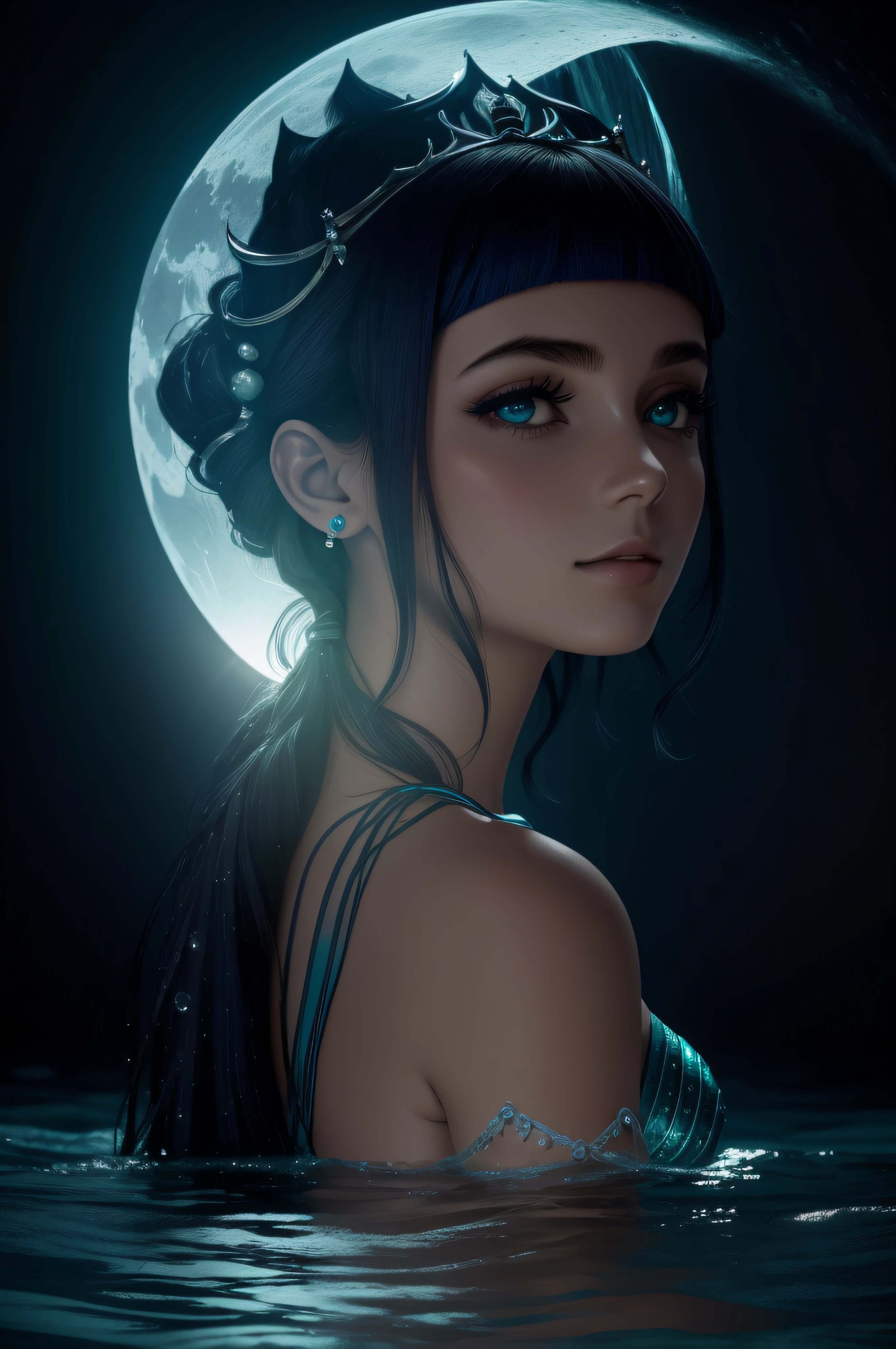 alta qualidade, uma mermaid of the water, flowing blue hair, muitos demonios, floresta negra, rosto perfeito, , beautifull lips, warm ilumination , usando uma tiara de osso e brincos de argola,vestido longo com fendas nas partes inferiores,, na frente do mar escuro com o reflexo da lua na agua , tendo foco no corpo,cantando para um barco