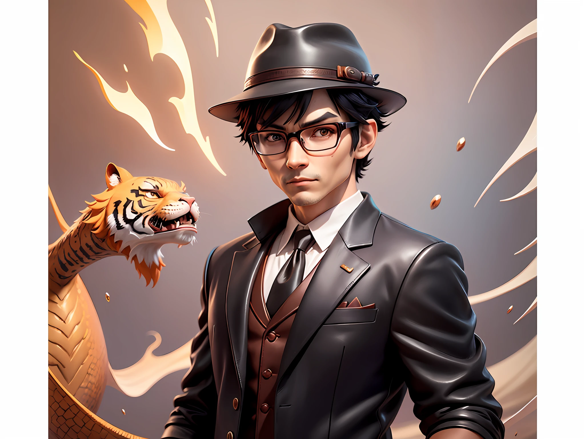 Young man with leather hat, tiger, dragon, oriental face in formal suit, short black hair, silver glasses, digital painting, 3D character design by Mark Clairedon and Pixar and Hayao Miyazaki and Akira Toriyama, the illustration is a high-definition illustration in 4K resolution with very detailed facial features and cartoon-style visuals.