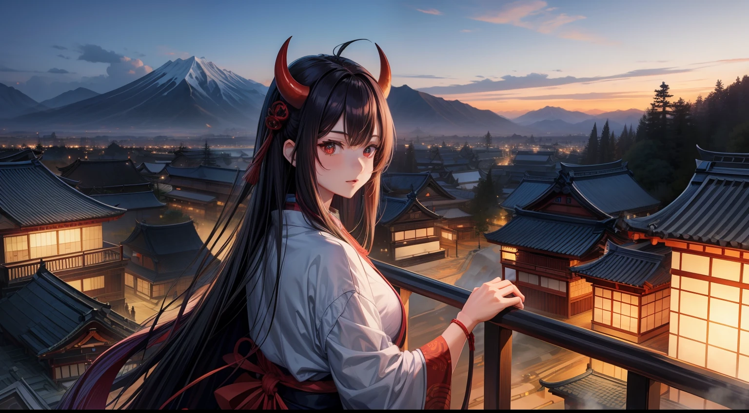 Women, anime, japan, demon "oni", village, dynamic, powers, ambient, mountains
