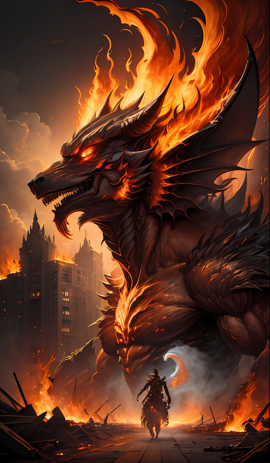 (Award-winning digital artwork:1.3), (Masterpiece, Ultra-detailed:1.3), portrait,Solo Focus, (Fire Demon),(Monster the size of a building),Ifrit, smoke, Feu, buildings on fire, mort, Destruction, complexe