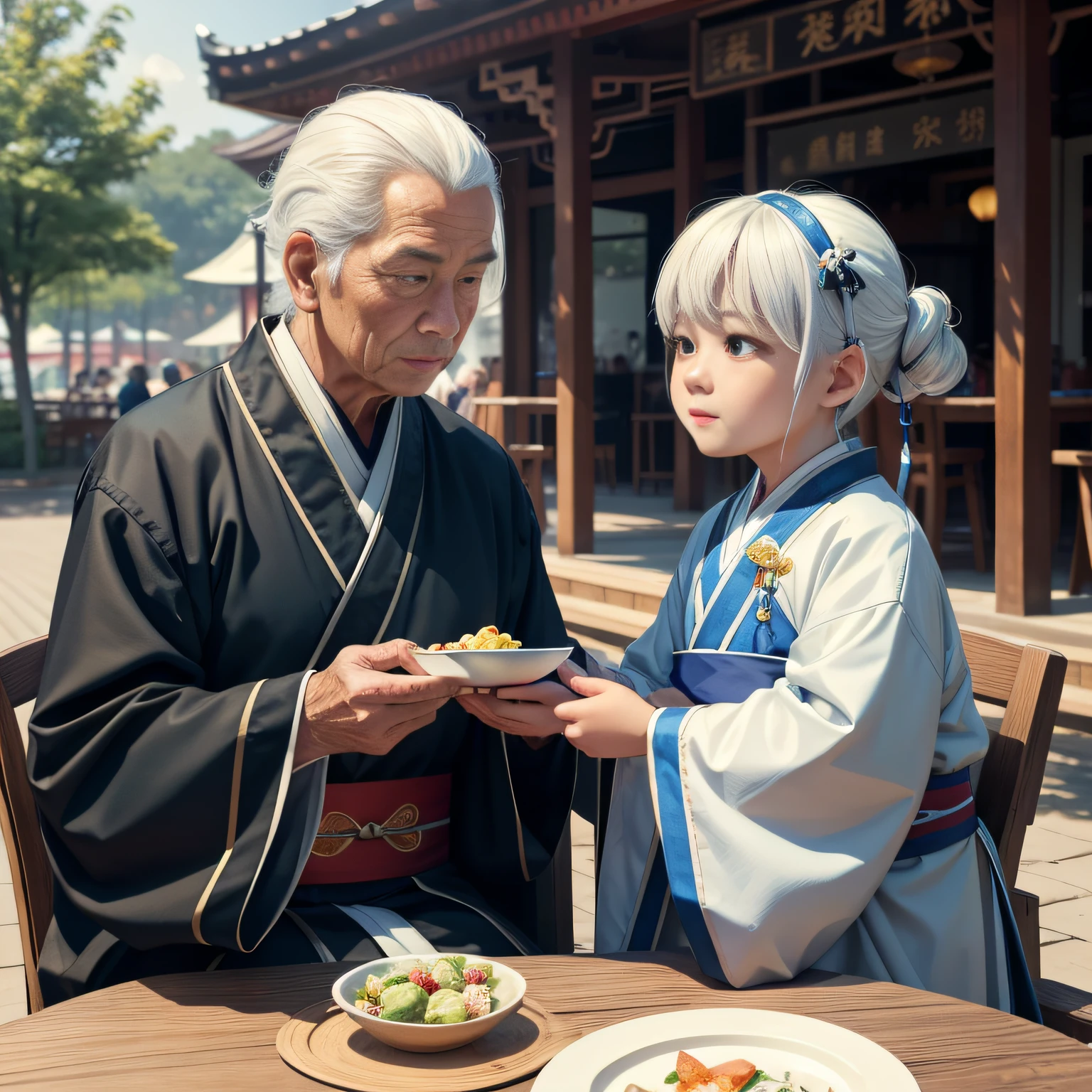8K，tmasterpiece，Natural lighting，sitting before a table，Outdoor photography，sface focus，detailed face with，facial wrinkle，2 people，Sit face to face，Male elderly，White hair，Hairpins，Taoist costumes，Hanfu，5 year old boy