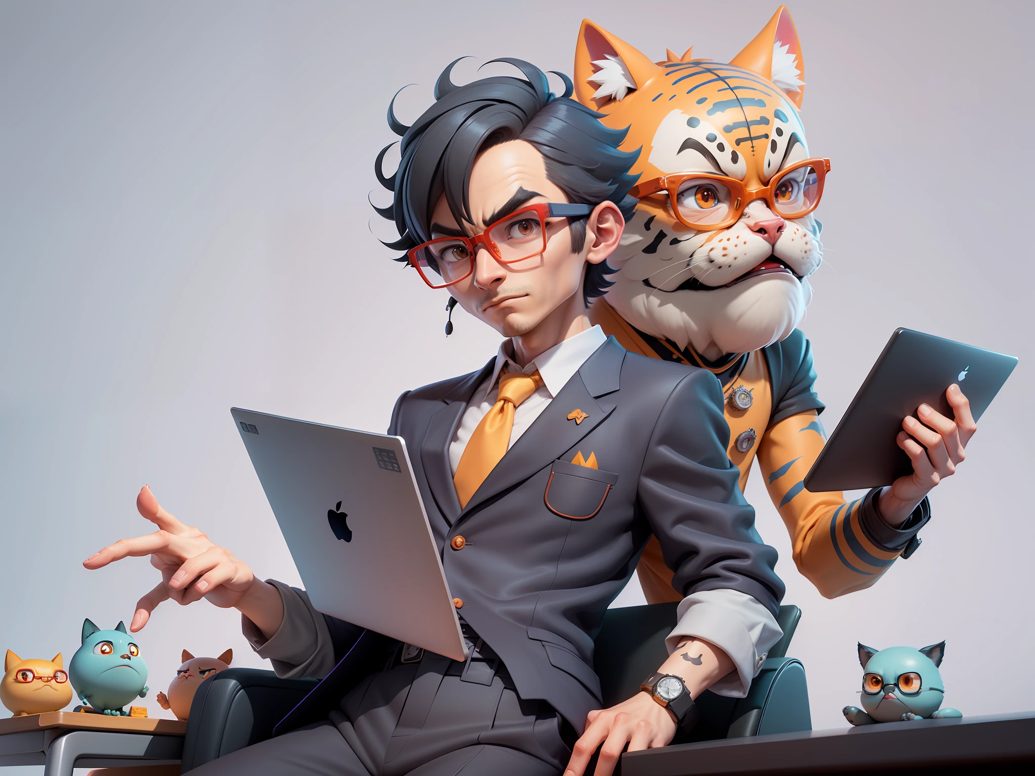 A young man in a suit, Short hair and glasses sat at his desk,holding laptop,digitial painting,tigre,3D character design by Mark Clairen and Pixar and Hayao Miyazaki and Akira Toriyama,4K HD illustration,Very detailed facial features and cartoon-style visuals。