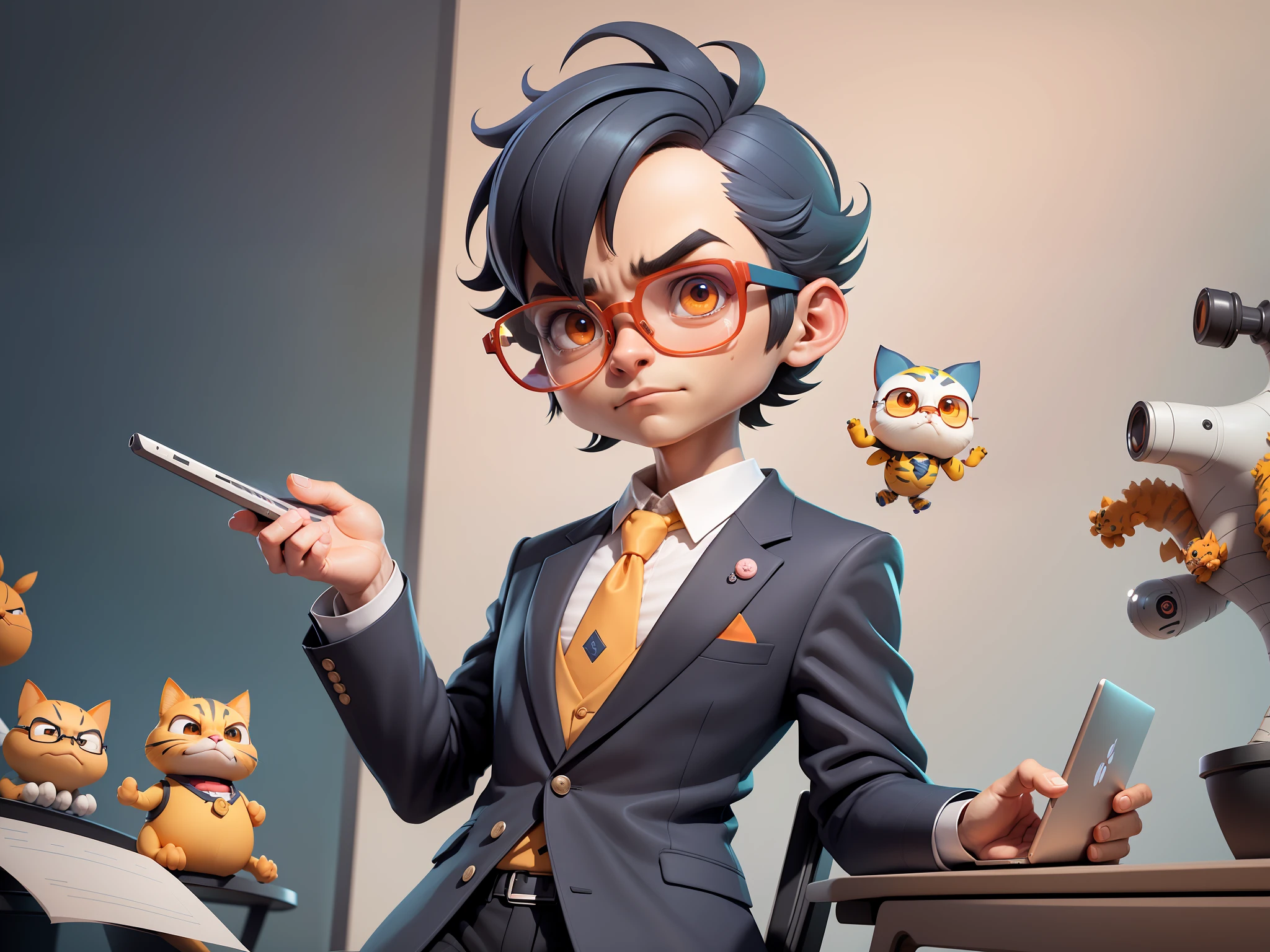 A young man in a suit, Short hair and glasses sat at his desk,holding laptop,digitial painting,tigre,3D character design by Mark Clairen and Pixar and Hayao Miyazaki and Akira Toriyama,4K HD illustration,Very detailed facial features and cartoon-style visuals。