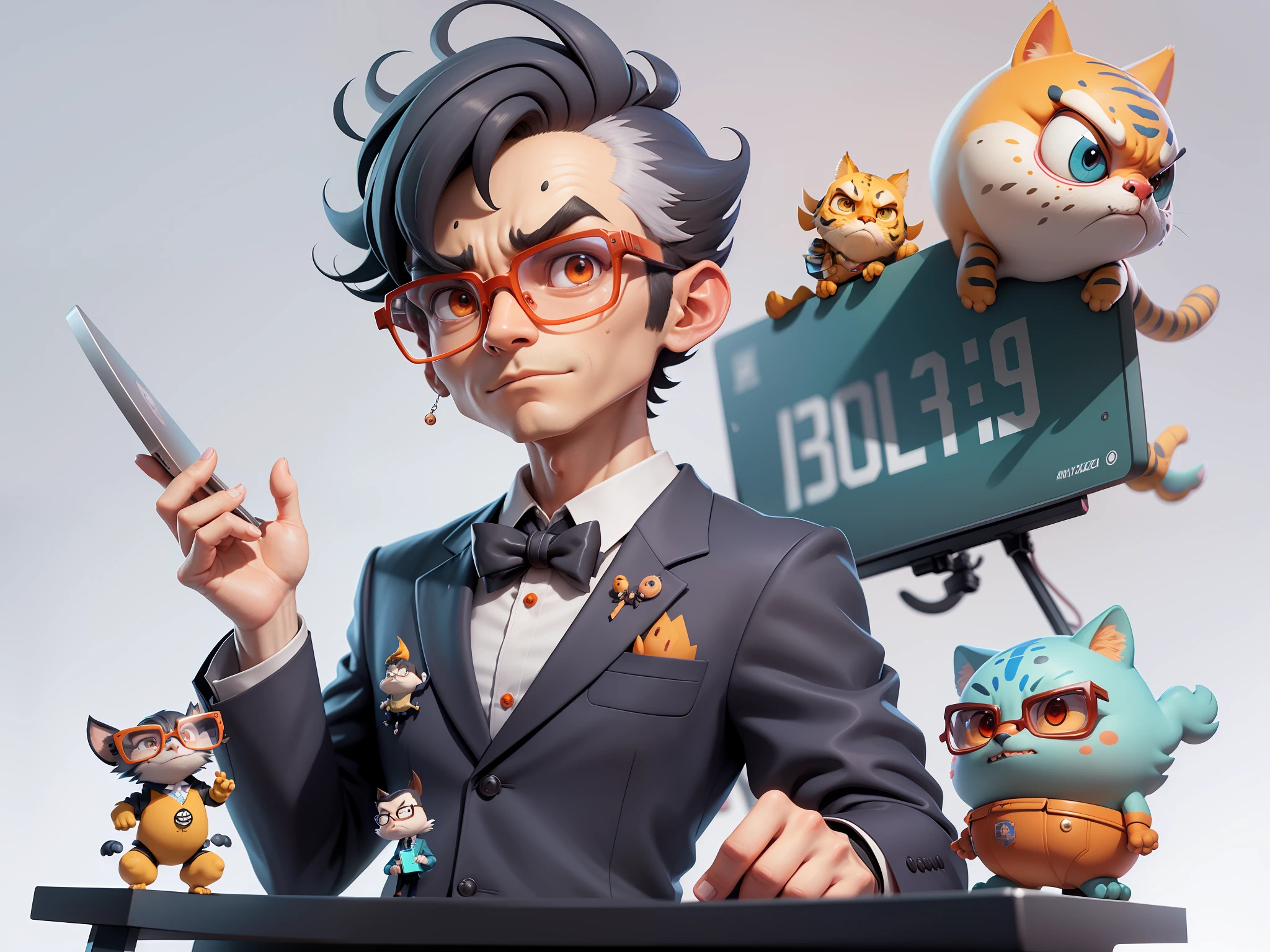 A young man in a suit, Short hair and glasses sat at his desk，holding laptop，digitial painting，tigre，3D character design by Mark Clairen and Pixar and Hayao Miyazaki and Akira Toriyama，4K HD illustration，Very detailed facial features and cartoon-style visuals。