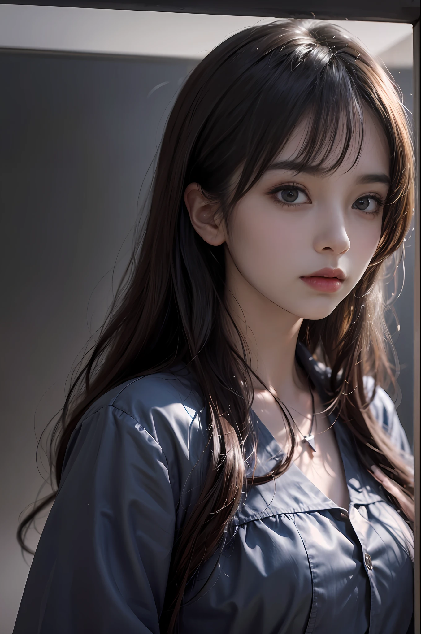 Volumetric lighting、extra detailed face、1girl in、profound darkness、total darkness、Dark、deep-shadows、lowkey、cowboy shot、(Formula service:1.4)、length hair、A dark-haired