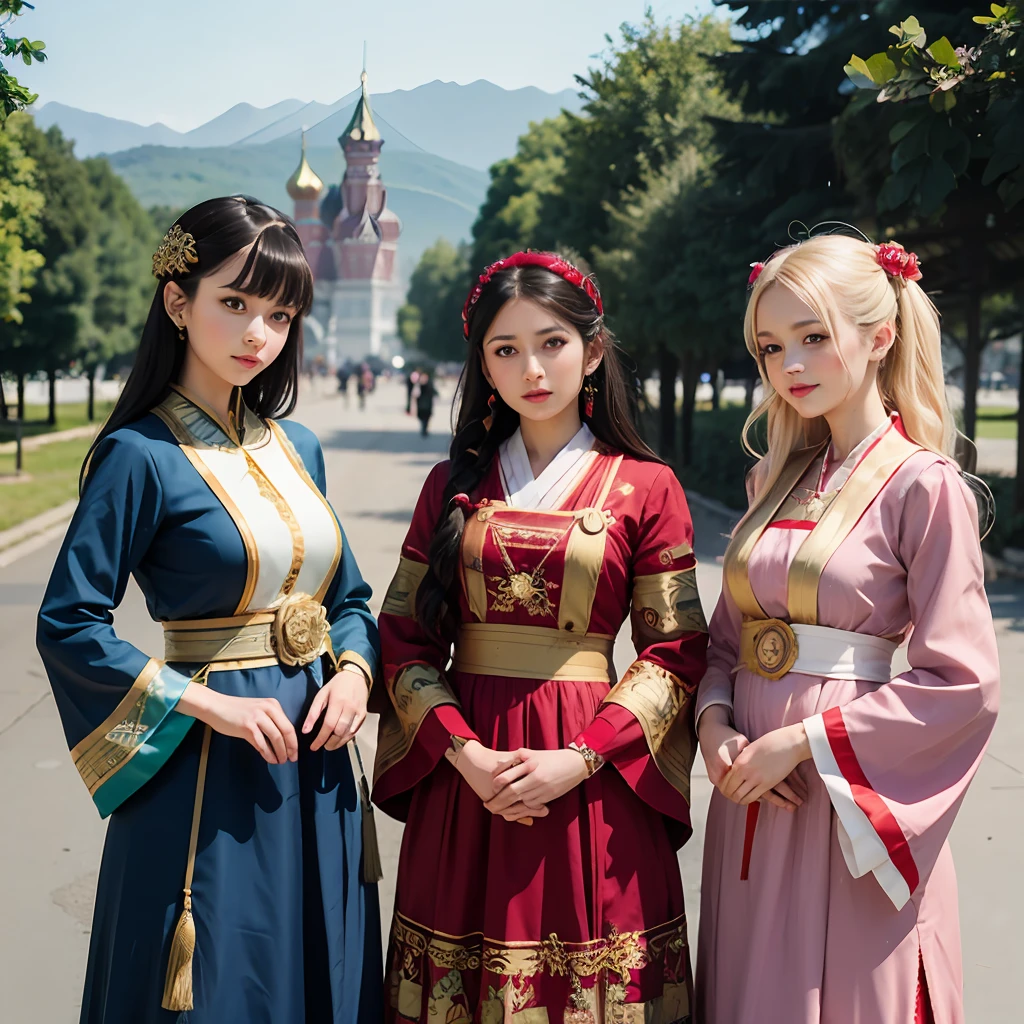 Three women in traditional dress stand next to each other, Russian clothes, traditional dress, traditional dress, slavic style, Variety of outfits, Boho-chic | | Very anime!!!, russian and japanese mix, traditional dress, Each of them wears clothes of the correct era, style anime, kantai collection style, Fashion for JRPG