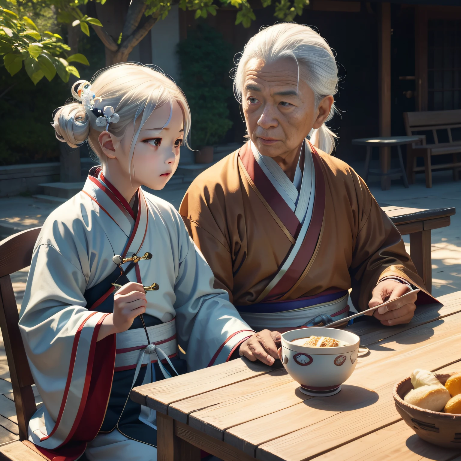 8K,tmasterpiece,Natural lighting,sitting before a table,Outdoor photography,sface focus,detailed face with,facial wrinkle,2 people,Sit face to face,Male elderly,White hair,Hairpins,Taoist costumes,Hanfu, old boy