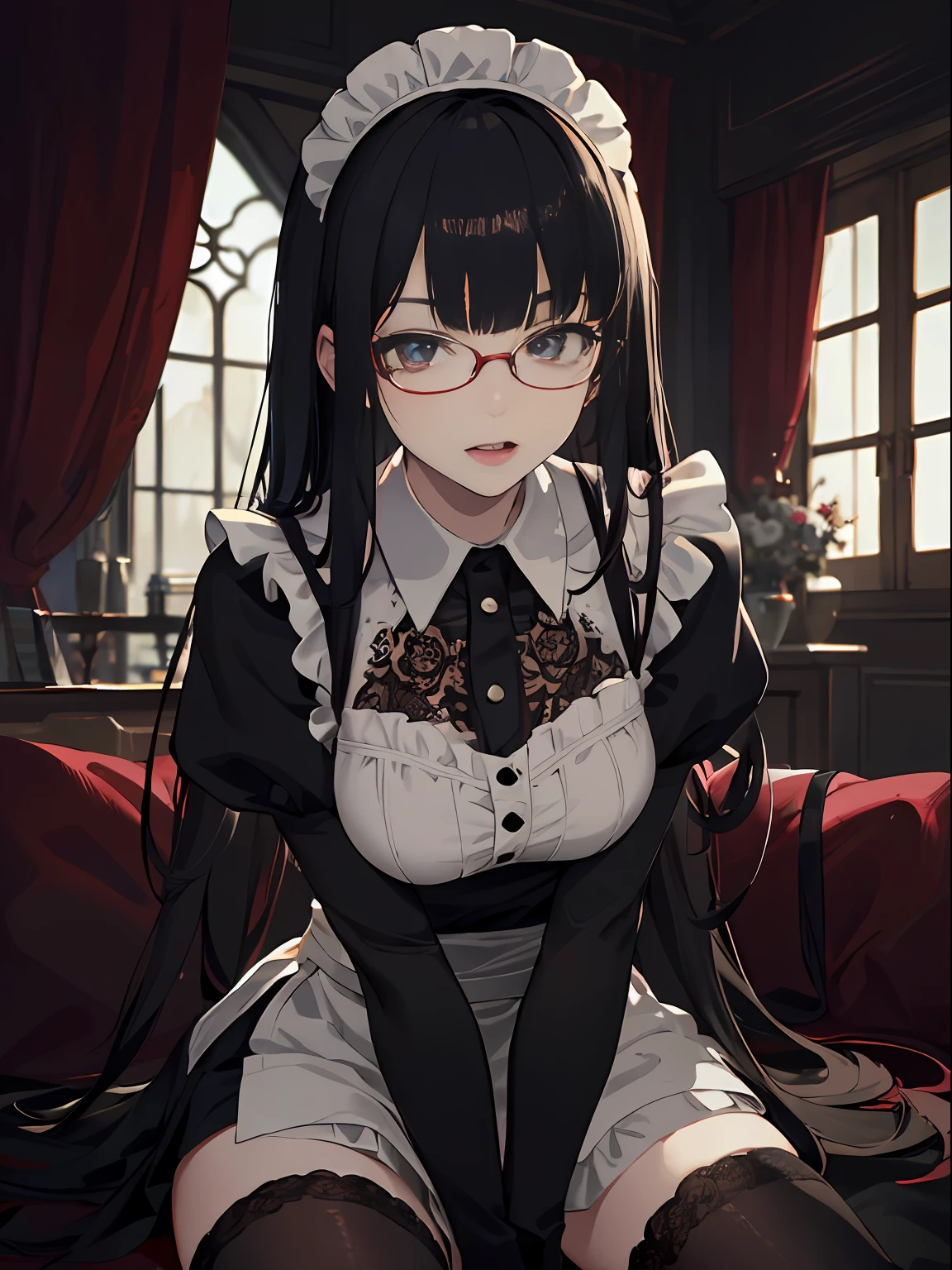 Red brilliant eyes、Sexy、Nasty face、Sitting,hand between legs,maid, Glasses, over-kneehighs,Ahegao , Silly,Sexual ecstasy,Drunken eyes,Blunt bangs, Black hair,(masutepiece:1.2, Best Quality), (finely detailed beautiful eye: 1.2), (Detailed background,Dark Fantasy), (beautifull detailed face), High contrast, (Best Illumination, extremely delicate and beautiful), ((Cinematic Light)), Colorful, Hyper Detail, Dramatic light, Intricate details,