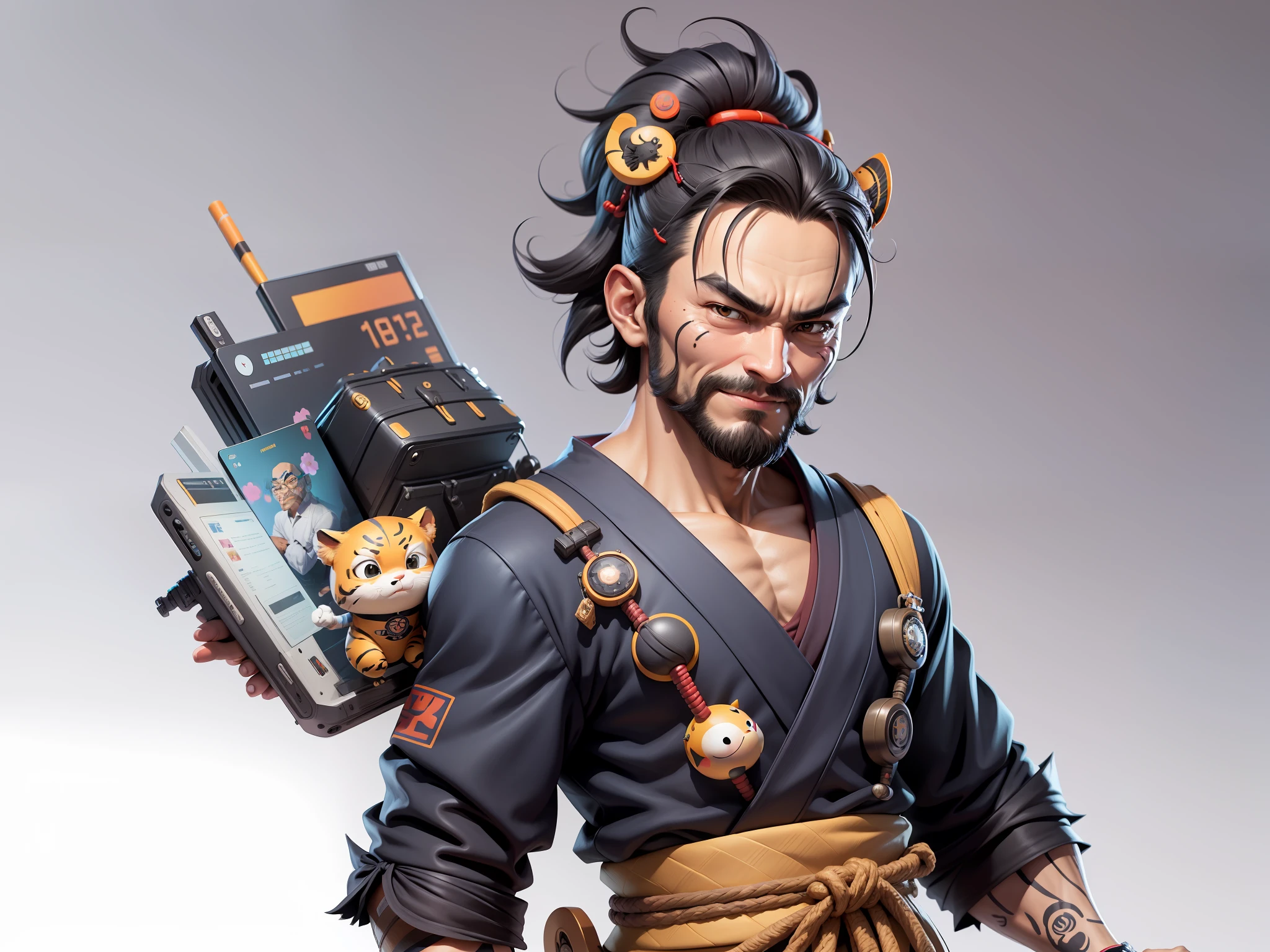 (Daisaku),(Need),(Super meticulous),(full bodyesbian:1.2),Super young man with Japanese geisha,Beautiful,orient,one tiger,Aeolian Thor,Raised sexy,爆乳,Oriental face,TV Anchor,Bust portrait illustration,In black suit,a blue tie,The face is slightly chubby,The face was clean,without a beard,Black super short hair,Black eyes,Smile confidently,3C computer sub-products,iPad, iphone,Digital painting,3D character design by Mark Clairen and Pixar and Hayao Miyazaki and Akira Toriyama,The illustration is a high-definition illustration in 4K resolution,With very detailed facial features and cartoon-style visuals。
