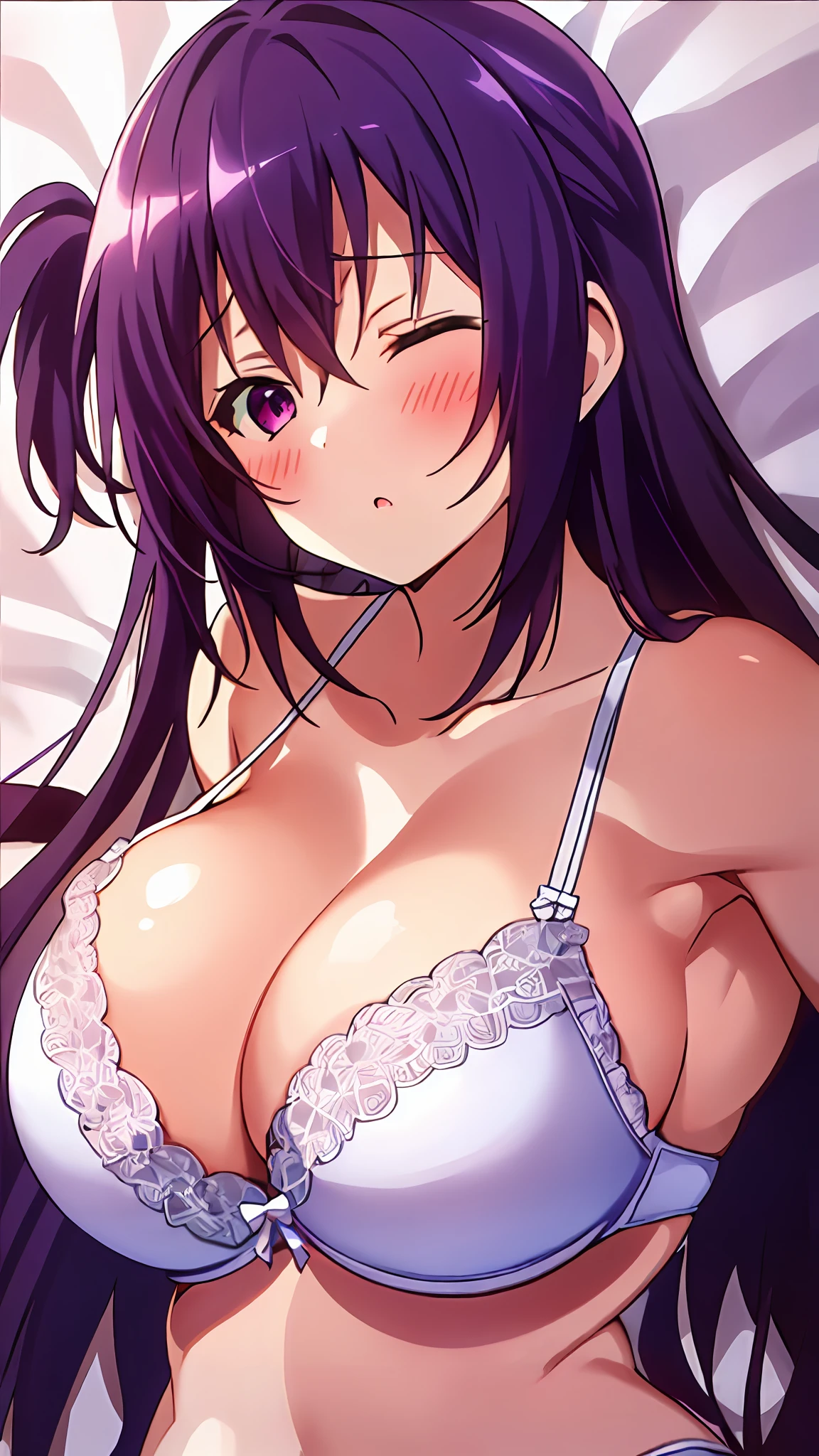 (1girl in),(Reaching out:1.2),(on back),(Massive),(Supine),(blush),(sleepy),(cleavage),(Upper body),(huge-breasted:1.3),(huge bra),(White underwear),(bed)